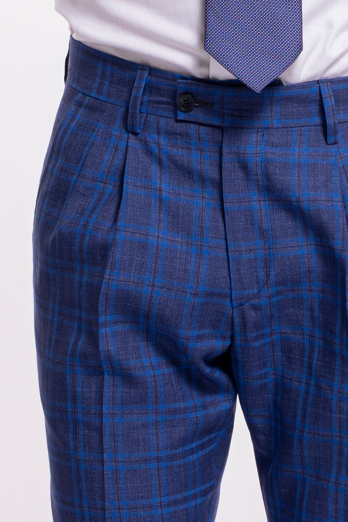 Abito uomo monopetto blu fantasia quadri royal blu fresco lana e seta Bristol Tessuti Rever largo a lancia