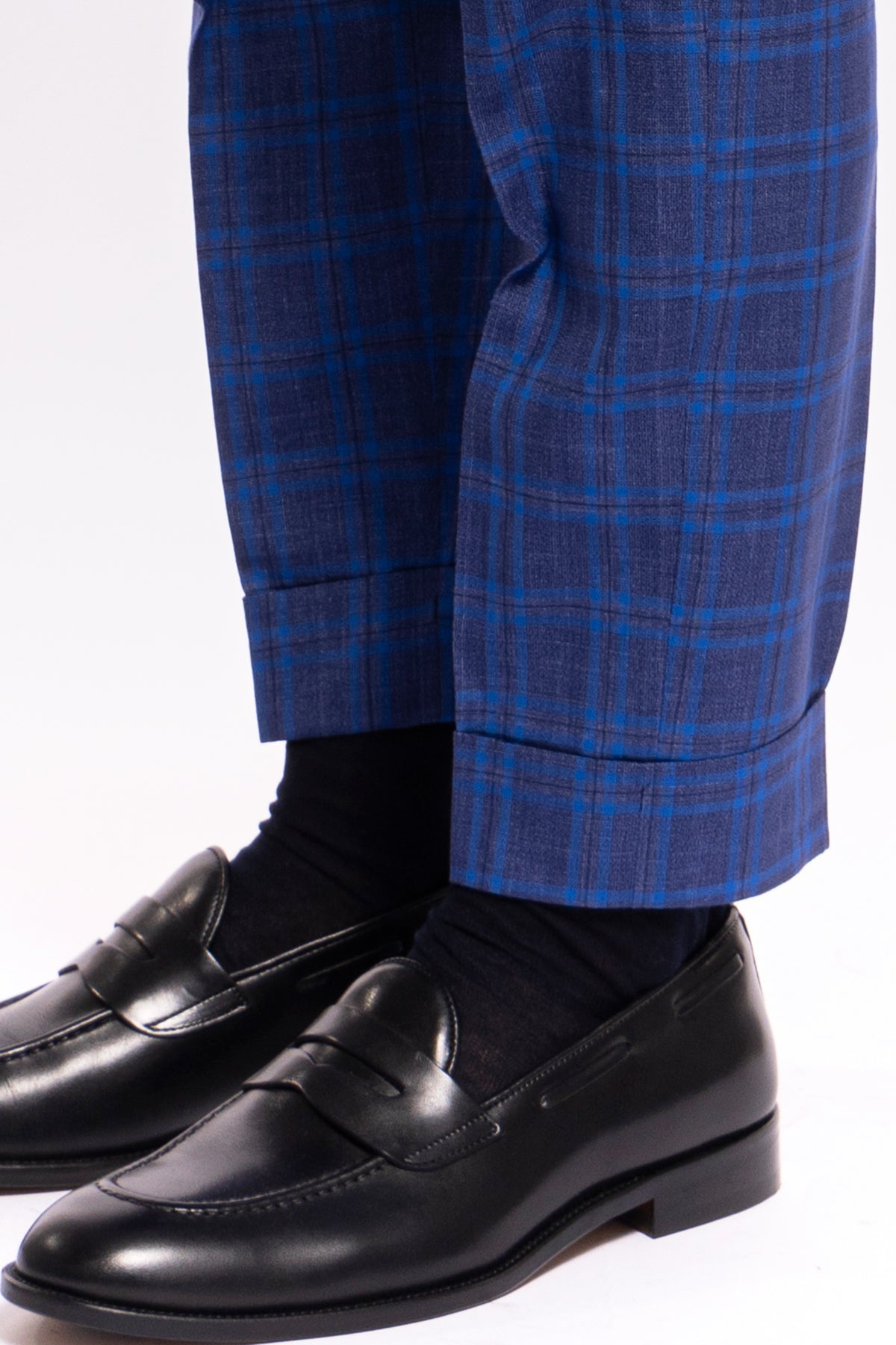 Abito uomo monopetto blu fantasia quadri royal blu fresco lana e seta Bristol Tessuti Rever largo a lancia