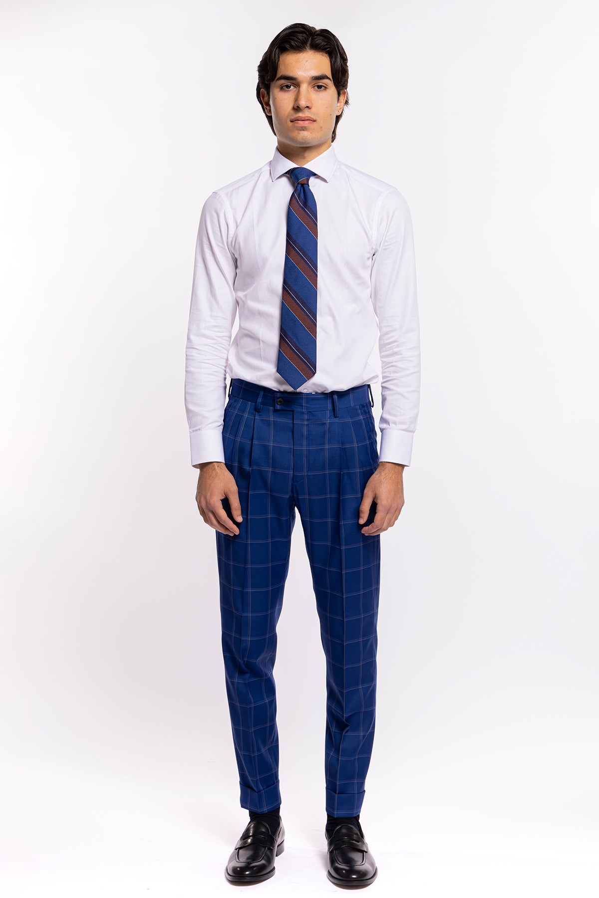 Abito uomo monopetto royal blu fantasia quadri bianchi fresco lana Bristol Tessuti Rever largo a lancia