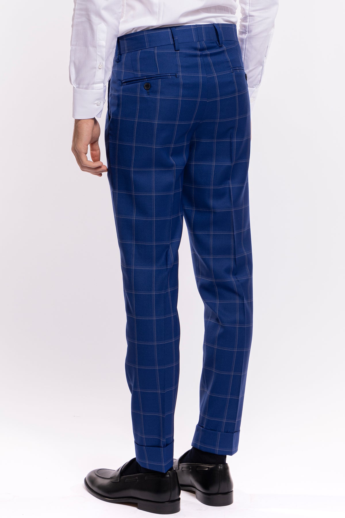 Pantalone uomo vita alta royal blu fantasia quadri bianchi fresco lana Bristol Tessuti con doppia pinces e risvolto