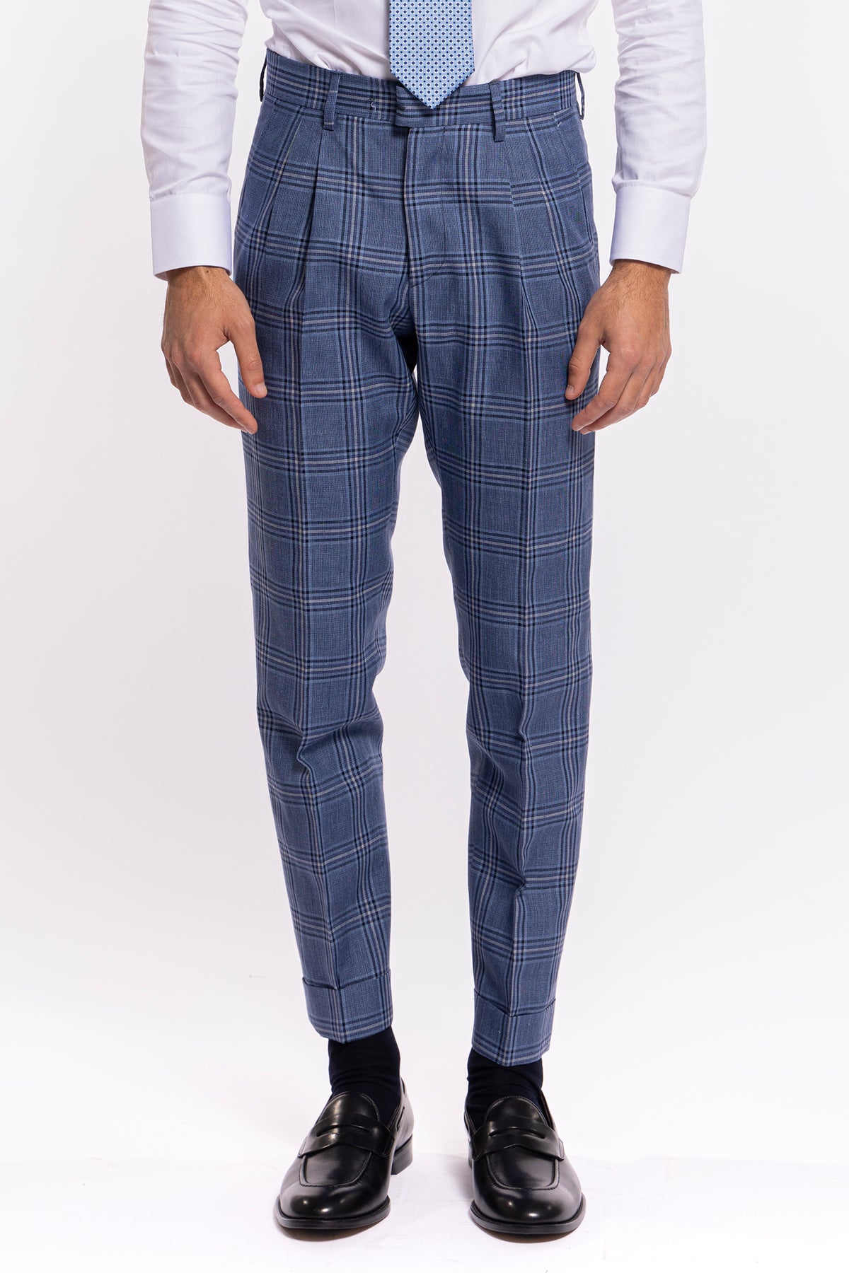Abito uomo monopetto denim fantasia quadri blu fresco lana e seta Bristol Tessuti Rever largo a lancia