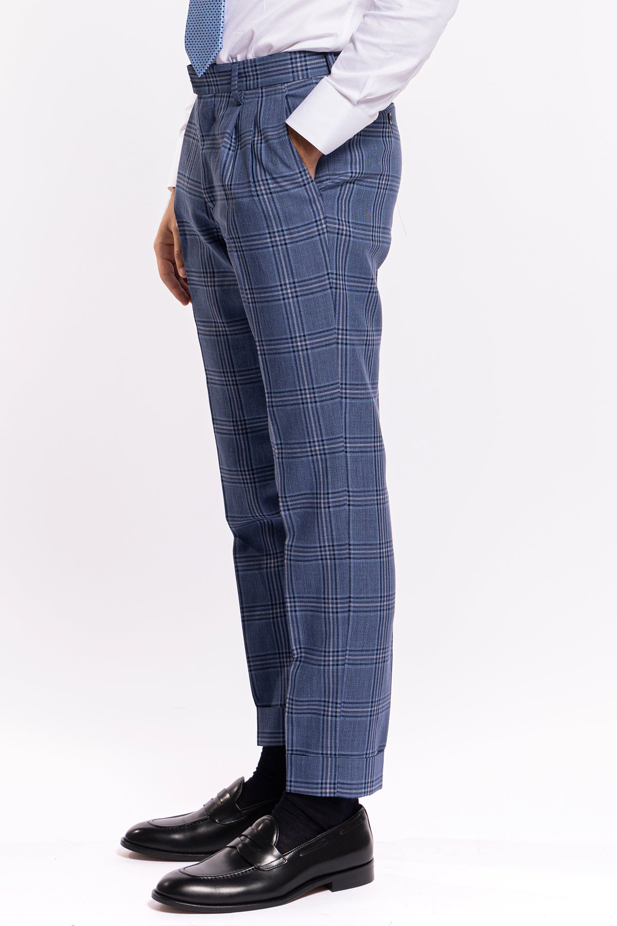 Abito uomo monopetto denim fantasia quadri blu fresco lana e seta Bristol Tessuti Rever largo a lancia