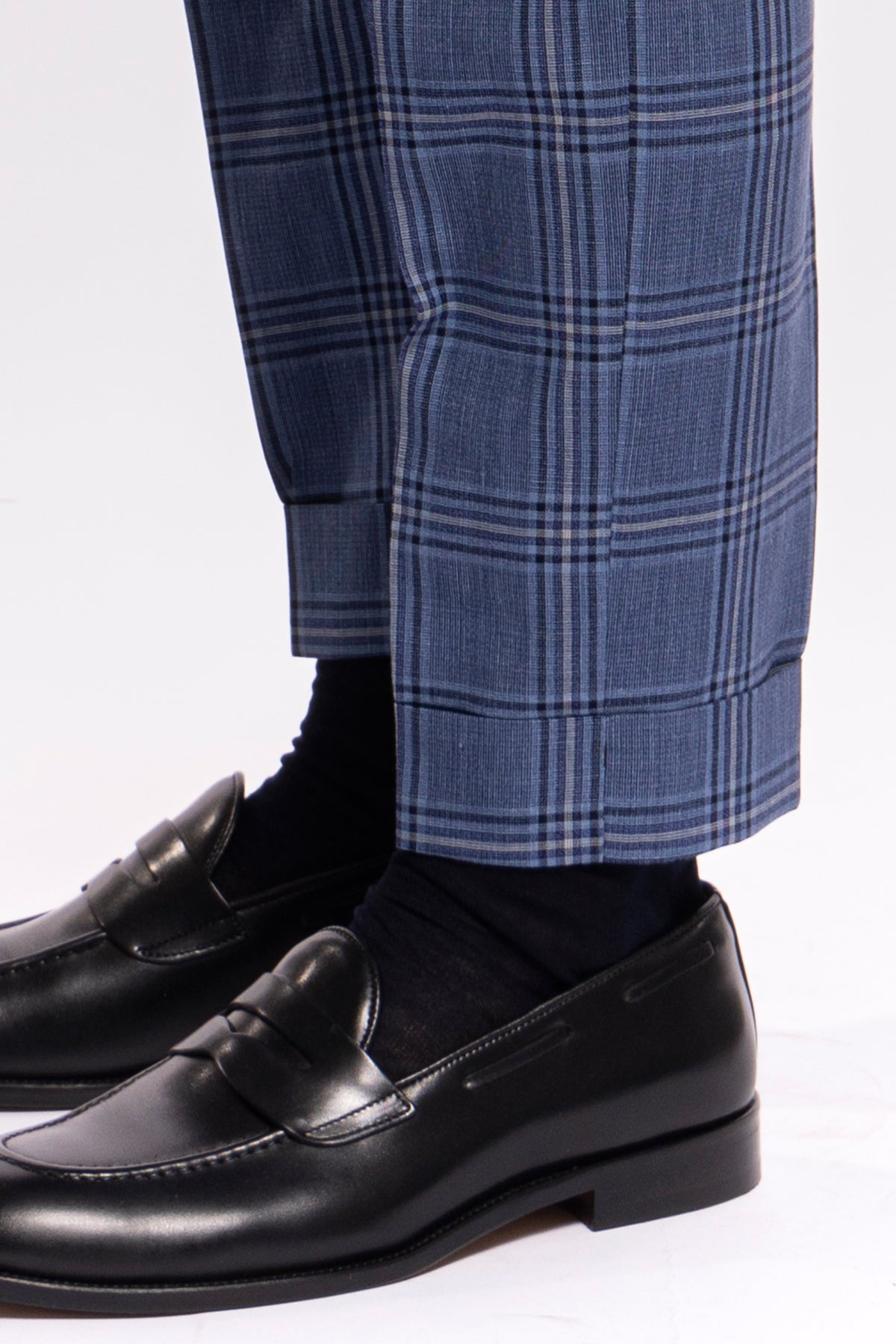 Abito uomo monopetto denim fantasia quadri blu fresco lana e seta Bristol Tessuti Rever largo a lancia