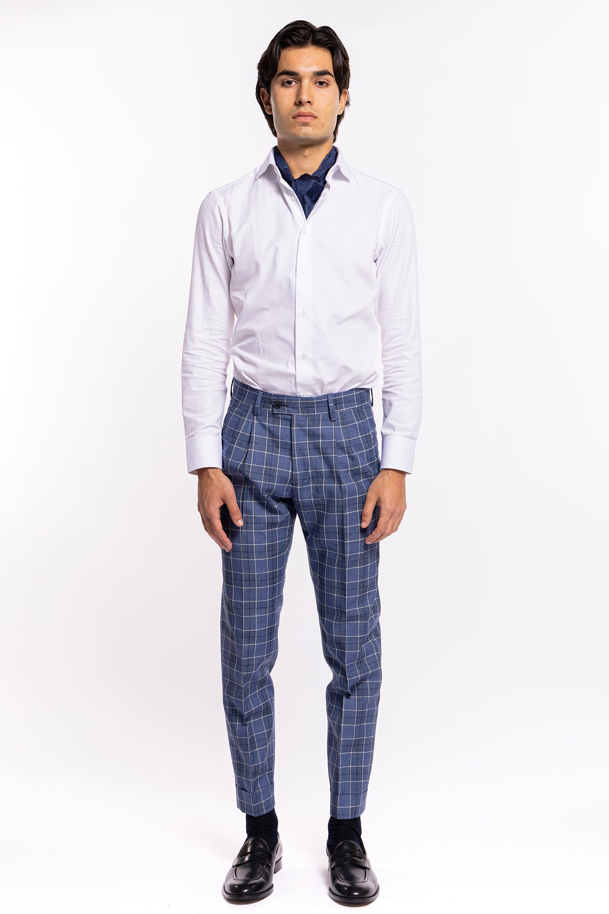 Abito uomo monopetto blu denim quadri bianchi fresco lana e lino Bristol Tessuti Rever largo a lancia