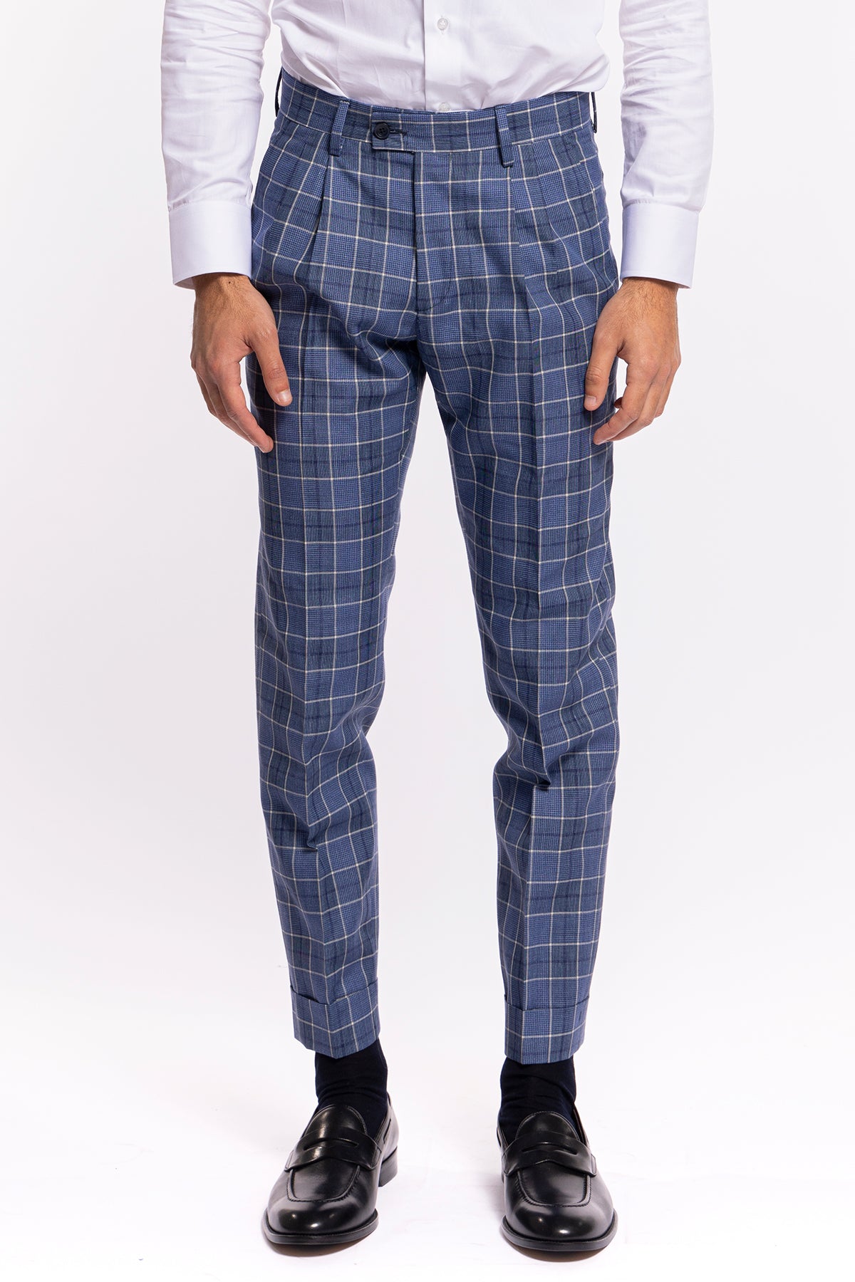 Pantalone uomo vita alta blu denim quadri bianchi fresco lana e lino Bristol Tessuti con doppia pinces e risvolto-