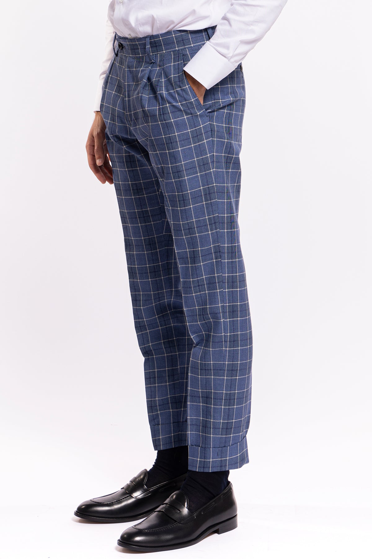 Abito uomo monopetto blu denim quadri bianchi fresco lana e lino Bristol Tessuti Rever largo a lancia