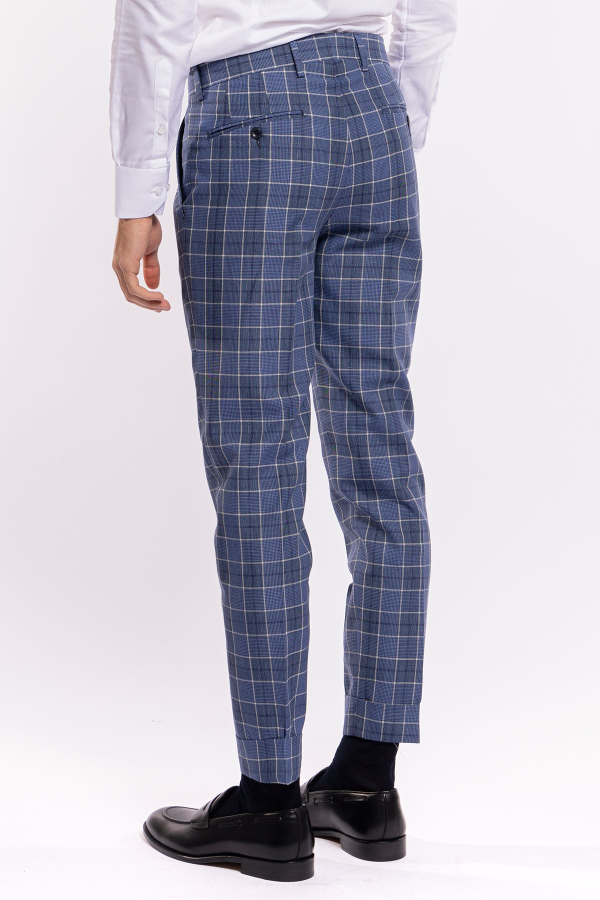 Abito uomo monopetto blu denim quadri bianchi fresco lana e lino Bristol Tessuti Rever largo a lancia