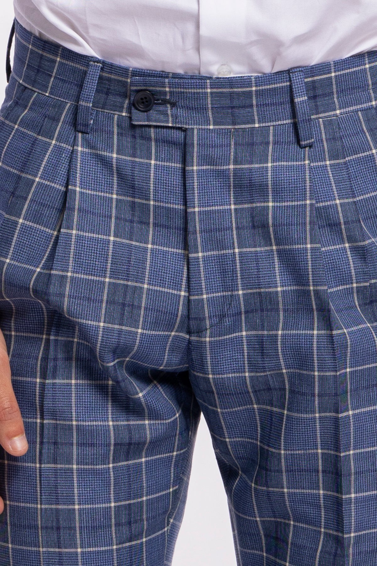 Abito uomo monopetto blu denim quadri bianchi fresco lana e lino Bristol Tessuti Rever largo a lancia
