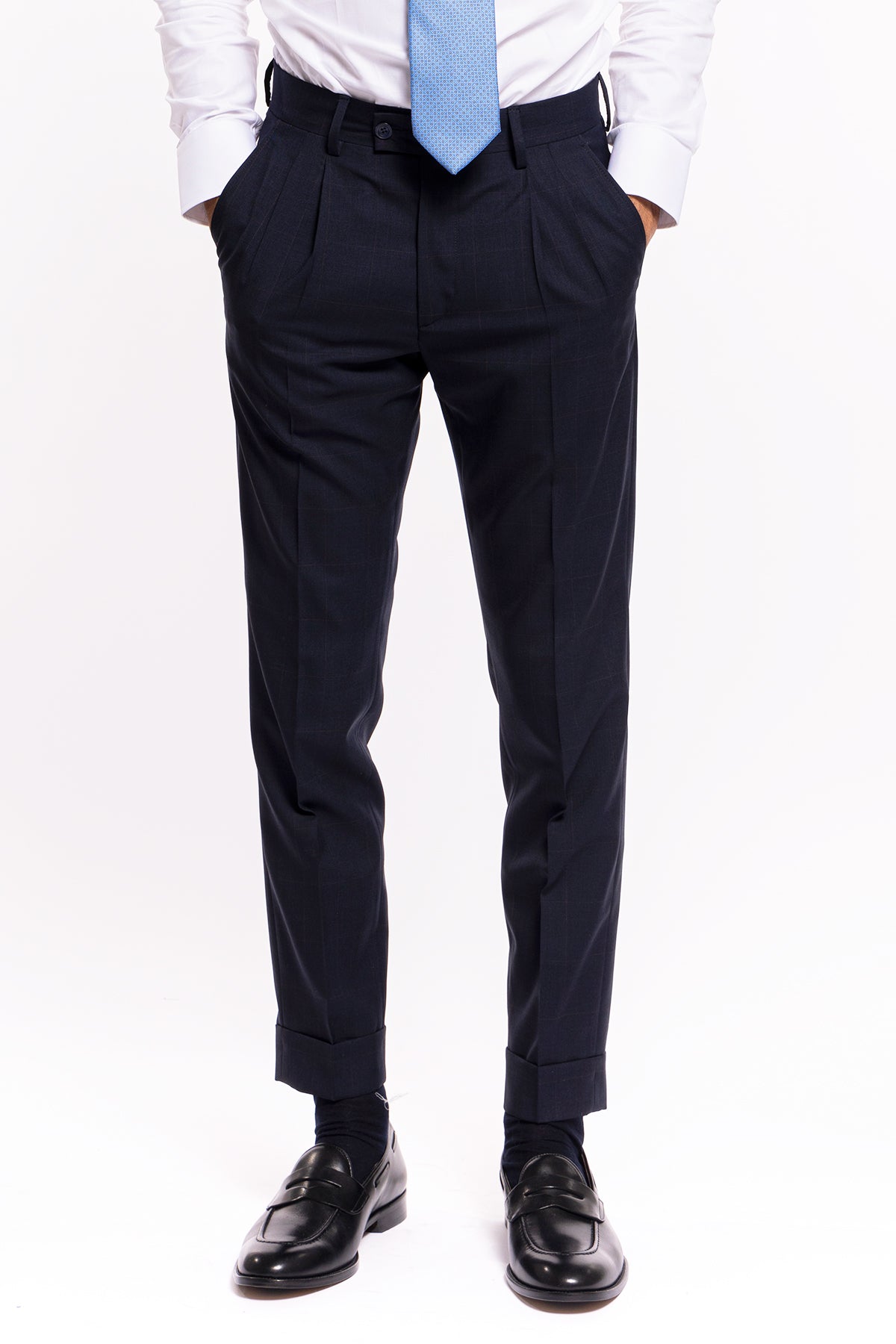 Abito uomo monopetto blu quadro rosso fresco lana super 120's Holland & Sherry Rever largo a lancia