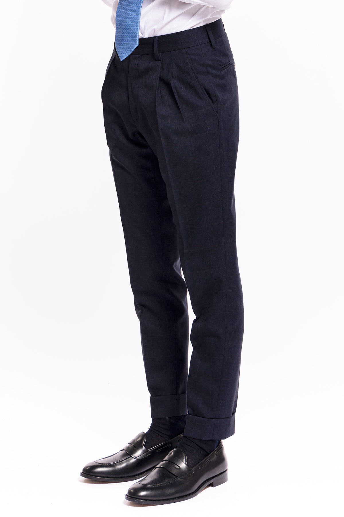 Abito uomo monopetto blu quadro rosso fresco lana super 120's Holland & Sherry Rever largo a lancia