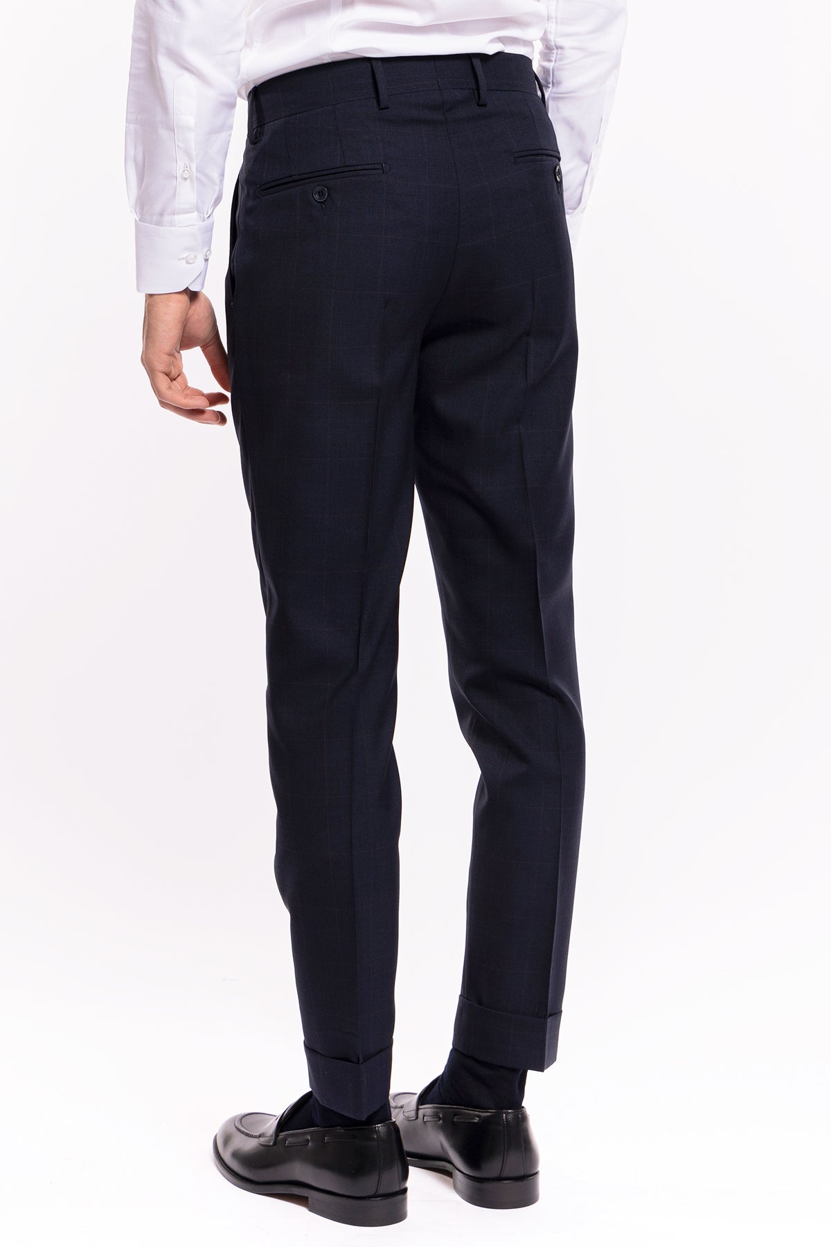 Abito uomo monopetto blu quadro rosso fresco lana super 120's Holland & Sherry Rever largo a lancia
