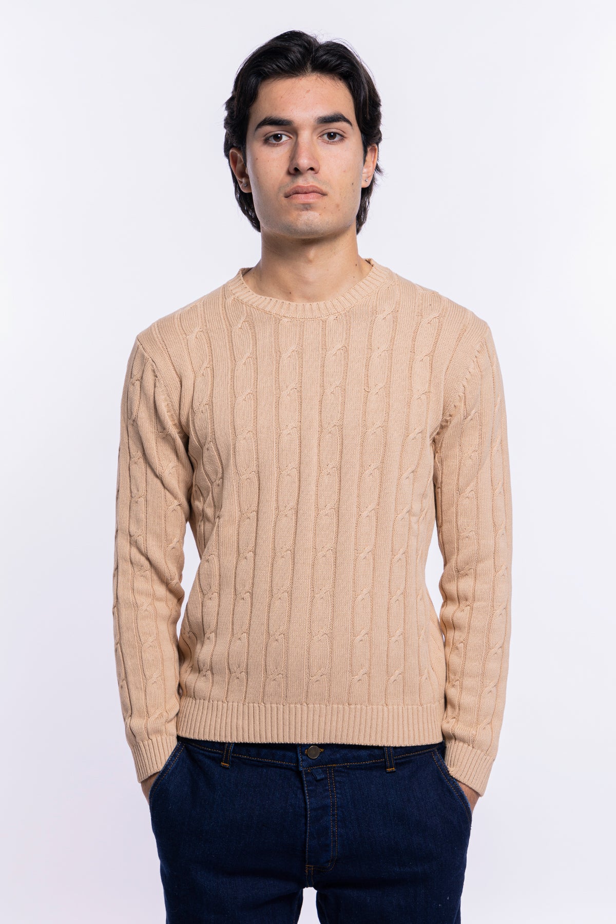 Maglioncino da uomo beige con treccia maniche lunghe 100% cotone di filo tinta unita finezza 7<br />
-
