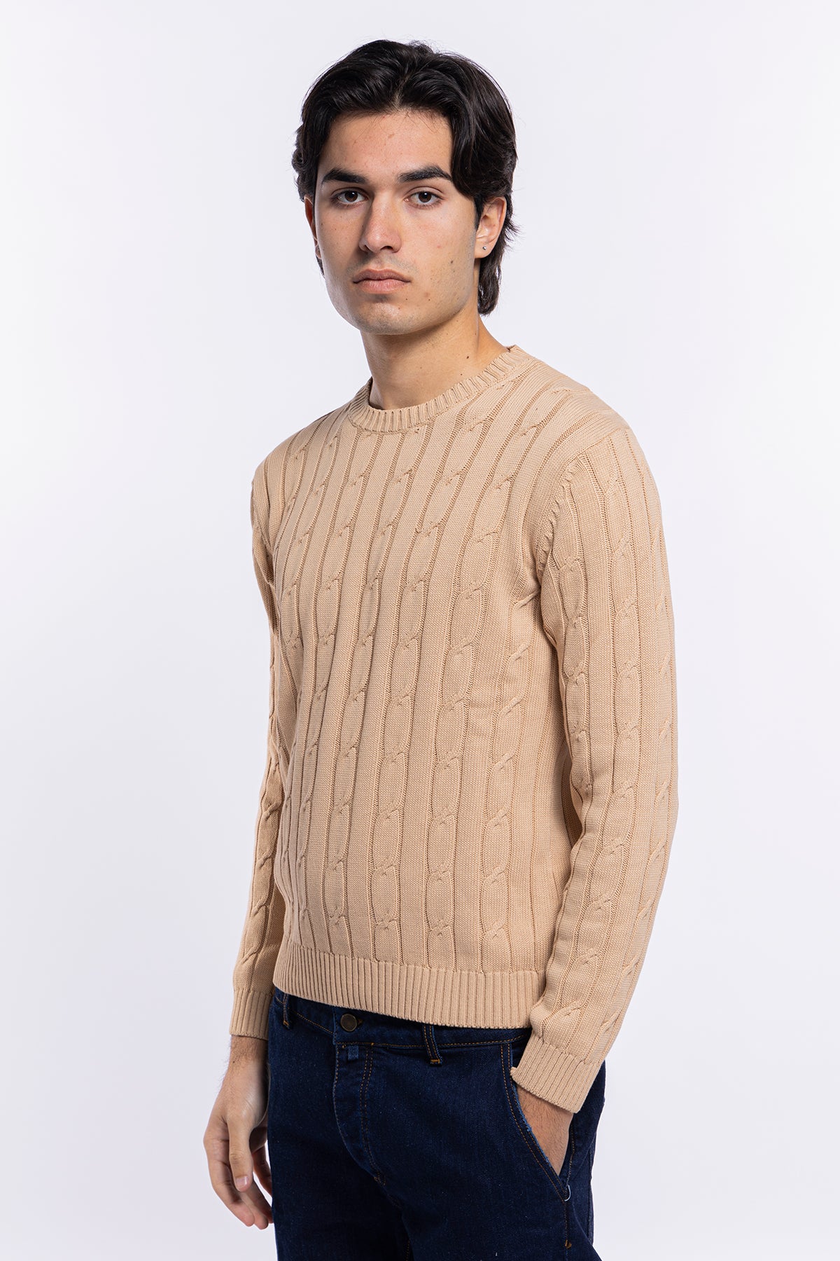 Maglioncino da uomo beige con treccia maniche lunghe 100% cotone di filo tinta unita finezza 7<br />
-