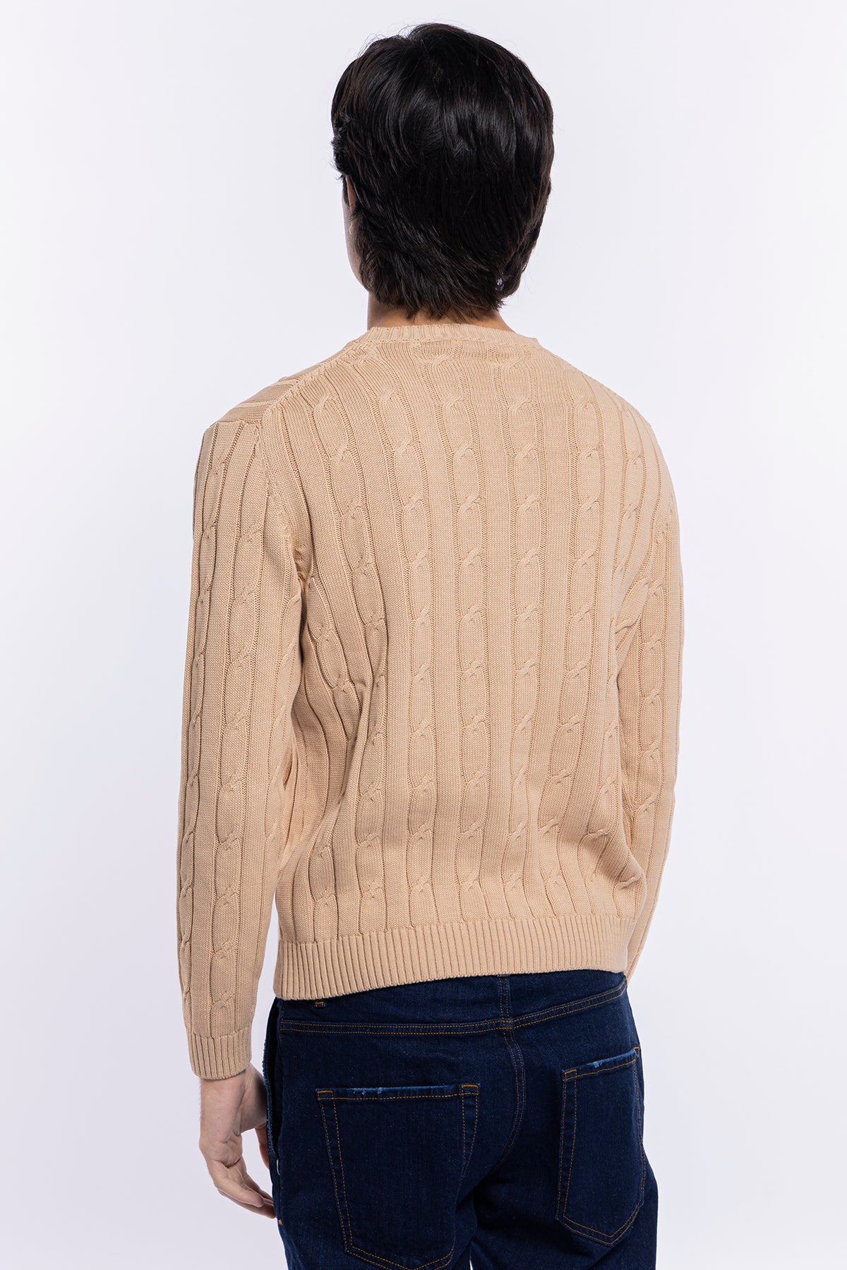 Maglioncino da uomo beige con treccia maniche lunghe 100% cotone di filo tinta unita finezza 7<br />
-