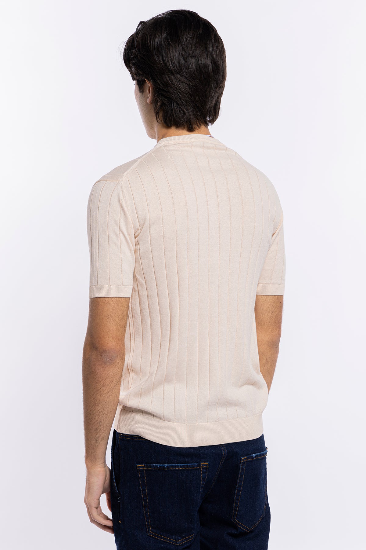 Maglioncino da uomo mezze maniche beige con treccia ricamata interna 100% cotone di filo tinta unita finezza 14