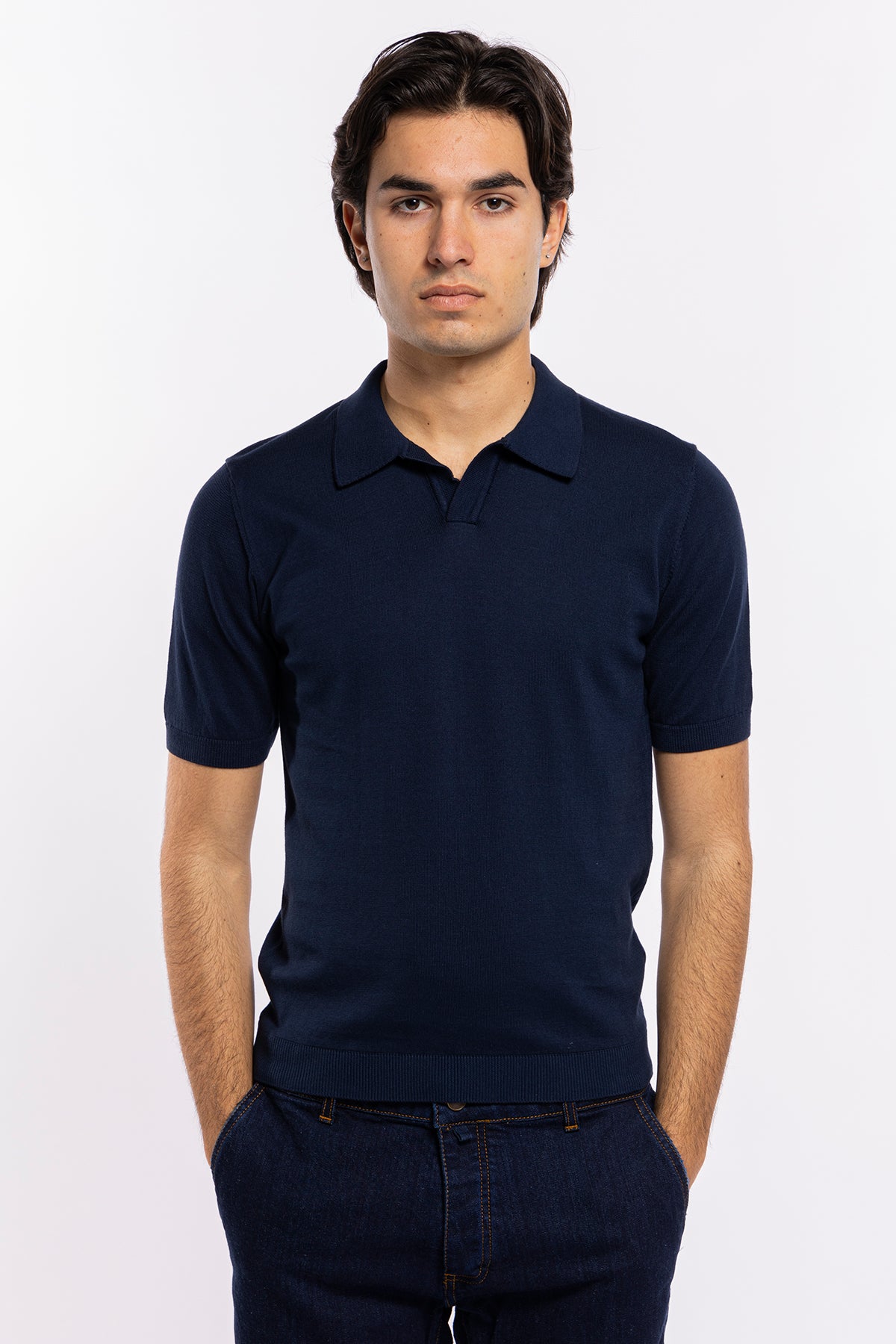 Polo da uomo mezze maniche blu tinta unita 100% cotone di filo tinta unita finezza 14<br />
-