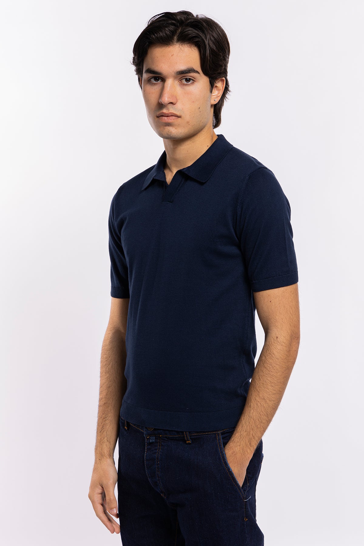 Polo da uomo mezze maniche blu tinta unita 100% cotone di filo tinta unita finezza 14<br />
-