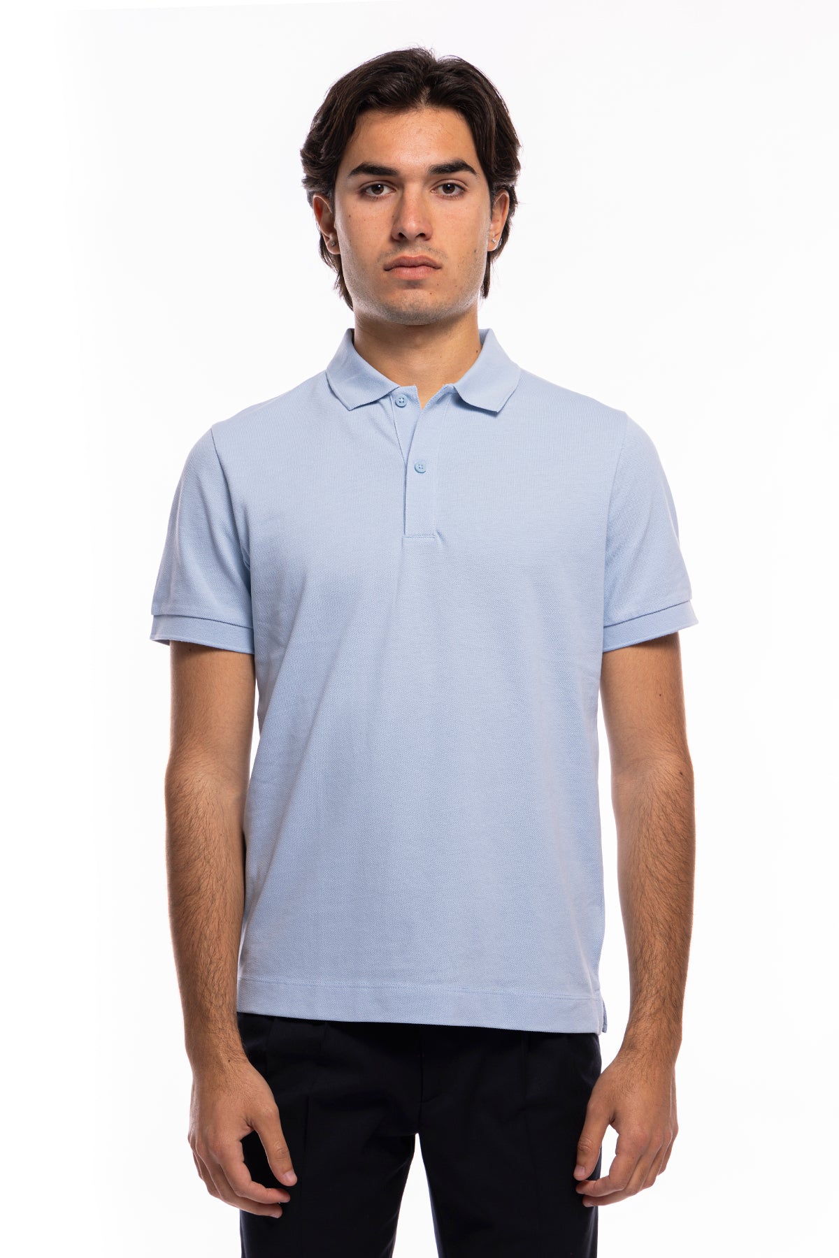 Polo da uomo azzurra in piquet 100% cotone mezza maniche tinta unita regular fit elasticizzata-