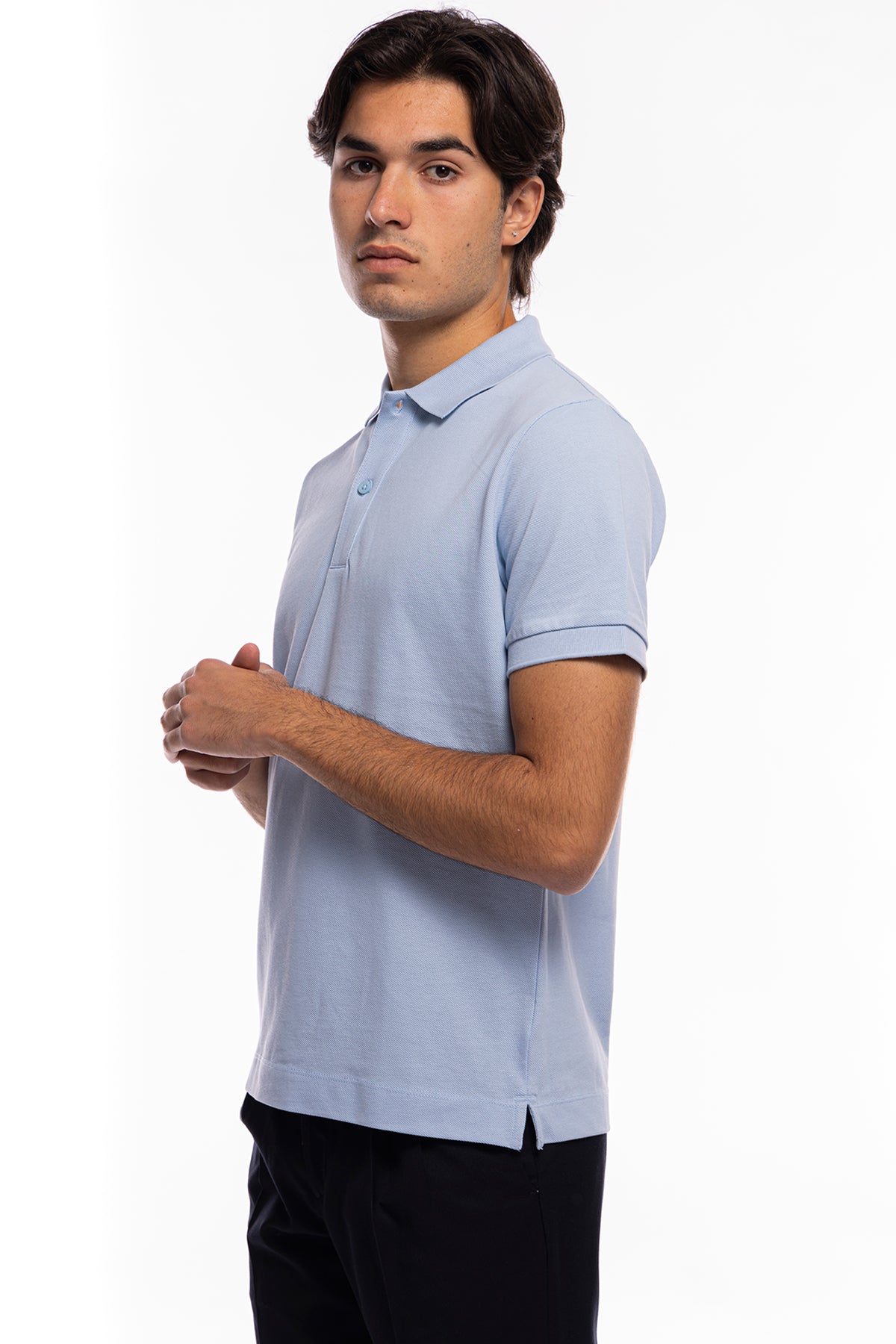 Polo da uomo azzurra in piquet 100% cotone mezza maniche tinta unita regular fit elasticizzata-