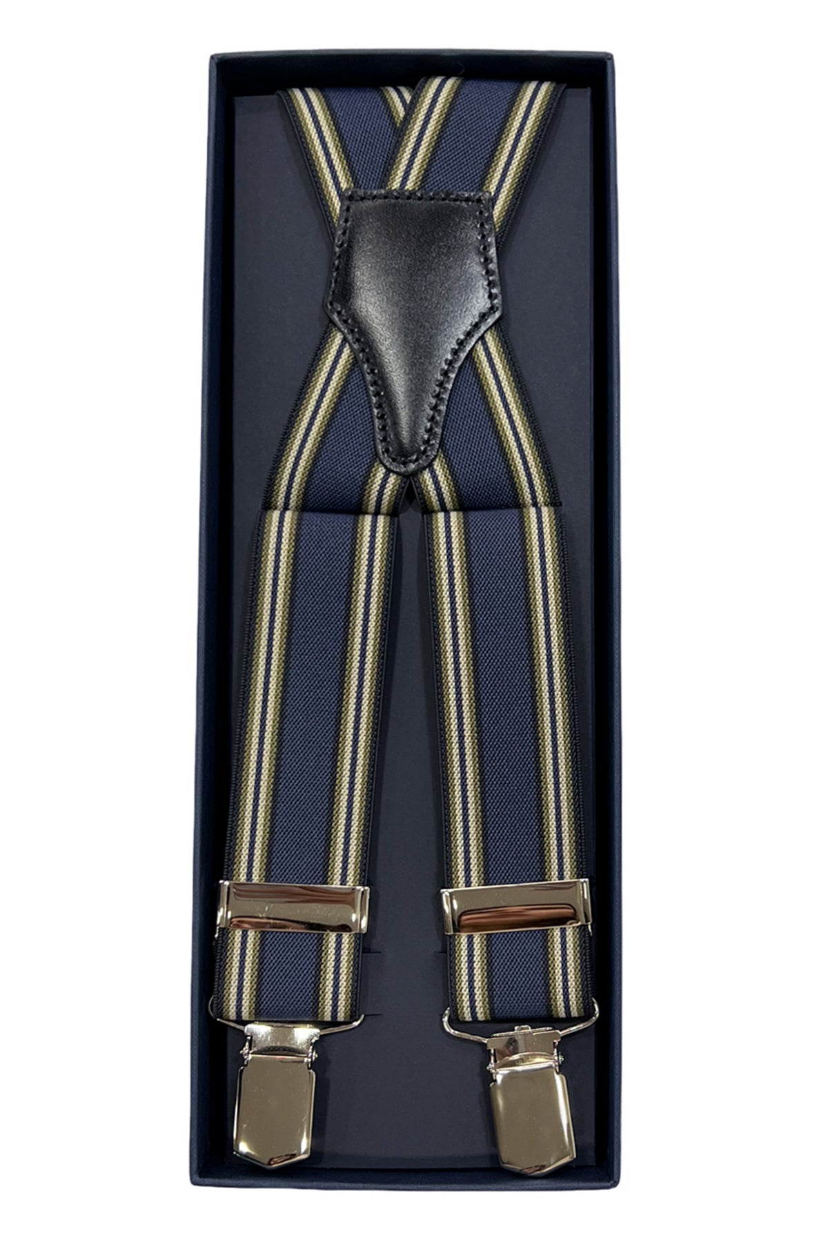 Bretelle da uomo denim fantasia riga Elasticizzate 3,5 cm regolabili con chiusura pinze argento