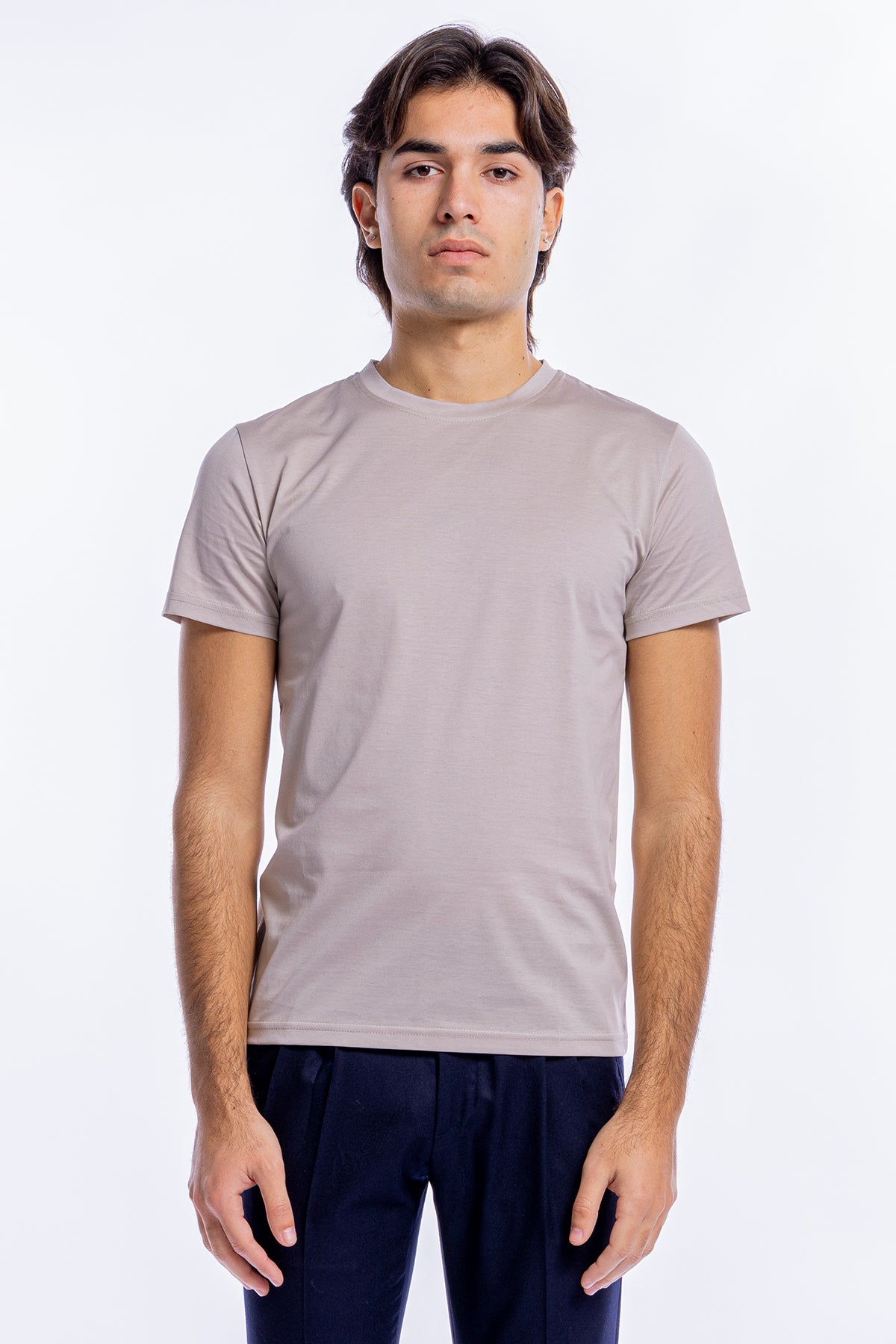 T-shirt da uomo filo di scozia beige 100% cotone slim fit tinta unita Made In Italy..