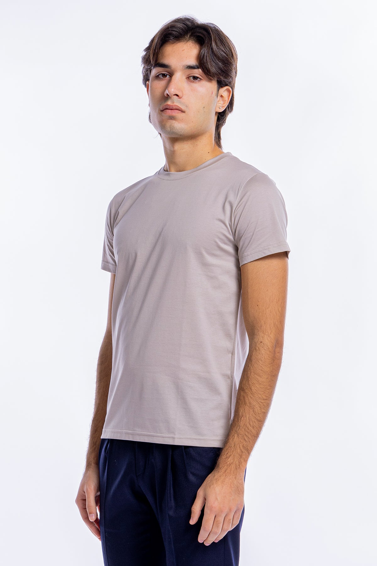 T-shirt da uomo filo di scozia beige 100% cotone slim fit tinta unita Made In Italy..