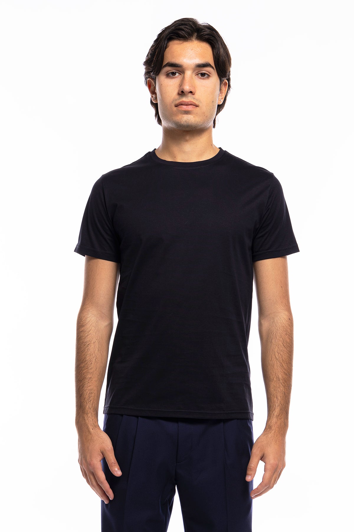 T-shirt da uomo filo di scozia Blu notte 100% cotone slim fit tinta unita Made In Italy.