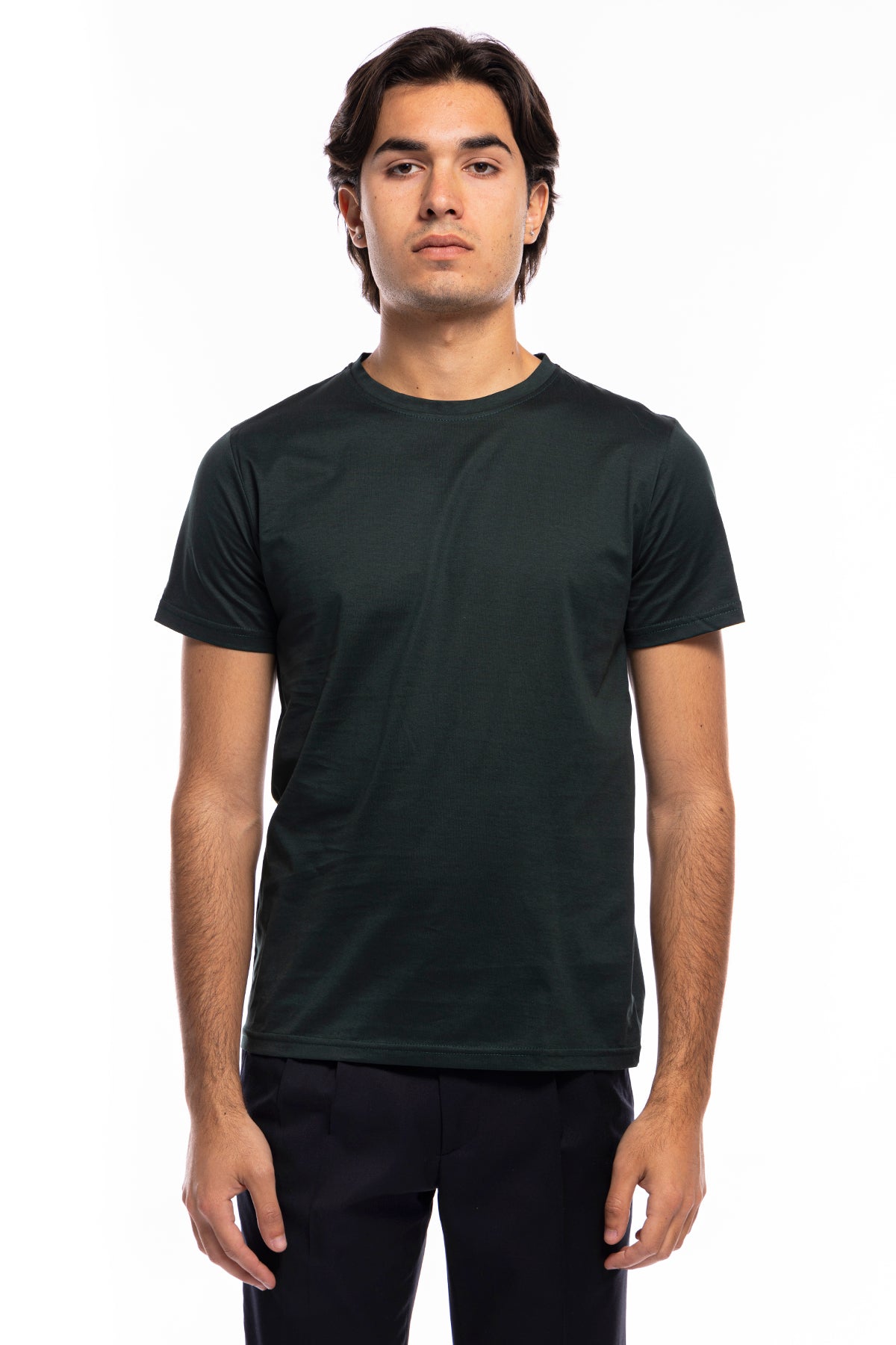 T-shirt da uomo filo di scozia Verde Bottiglia 100% cotone slim fit tinta unita Made In Italy