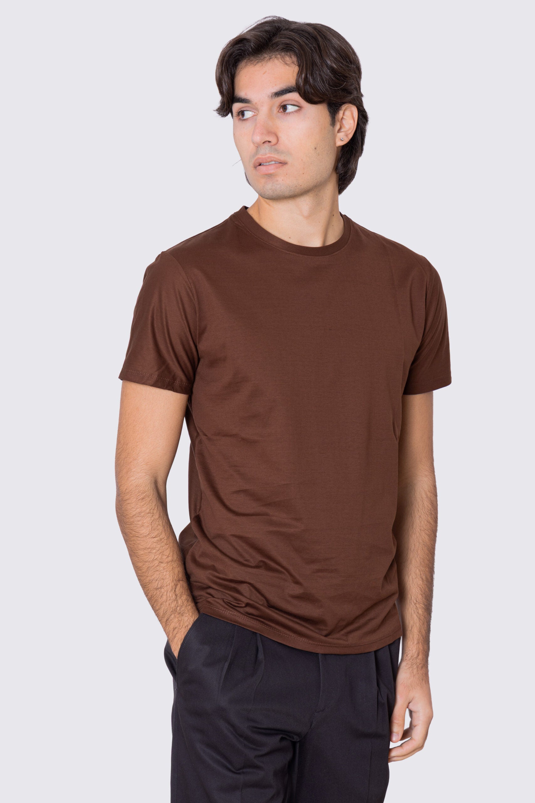 T-shirt da uomo filo di scozia marrone chiaro 100% cotone slim fit tinta unita Made In Italy.