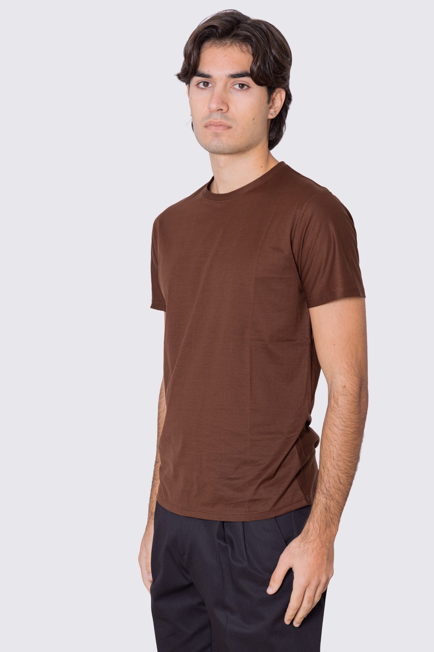 T-shirt da uomo filo di scozia marrone chiaro 100% cotone slim fit tinta unita Made In Italy.