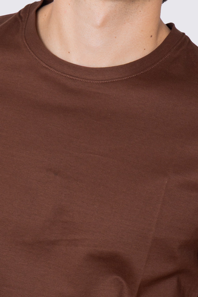 T-shirt da uomo filo di scozia marrone chiaro 100% cotone slim fit tinta unita Made In Italy.