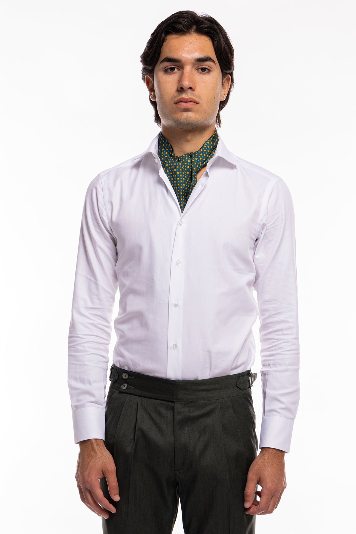 Ascot da uomo verde fantasia fiori multicolor in pura seta fatti a mano