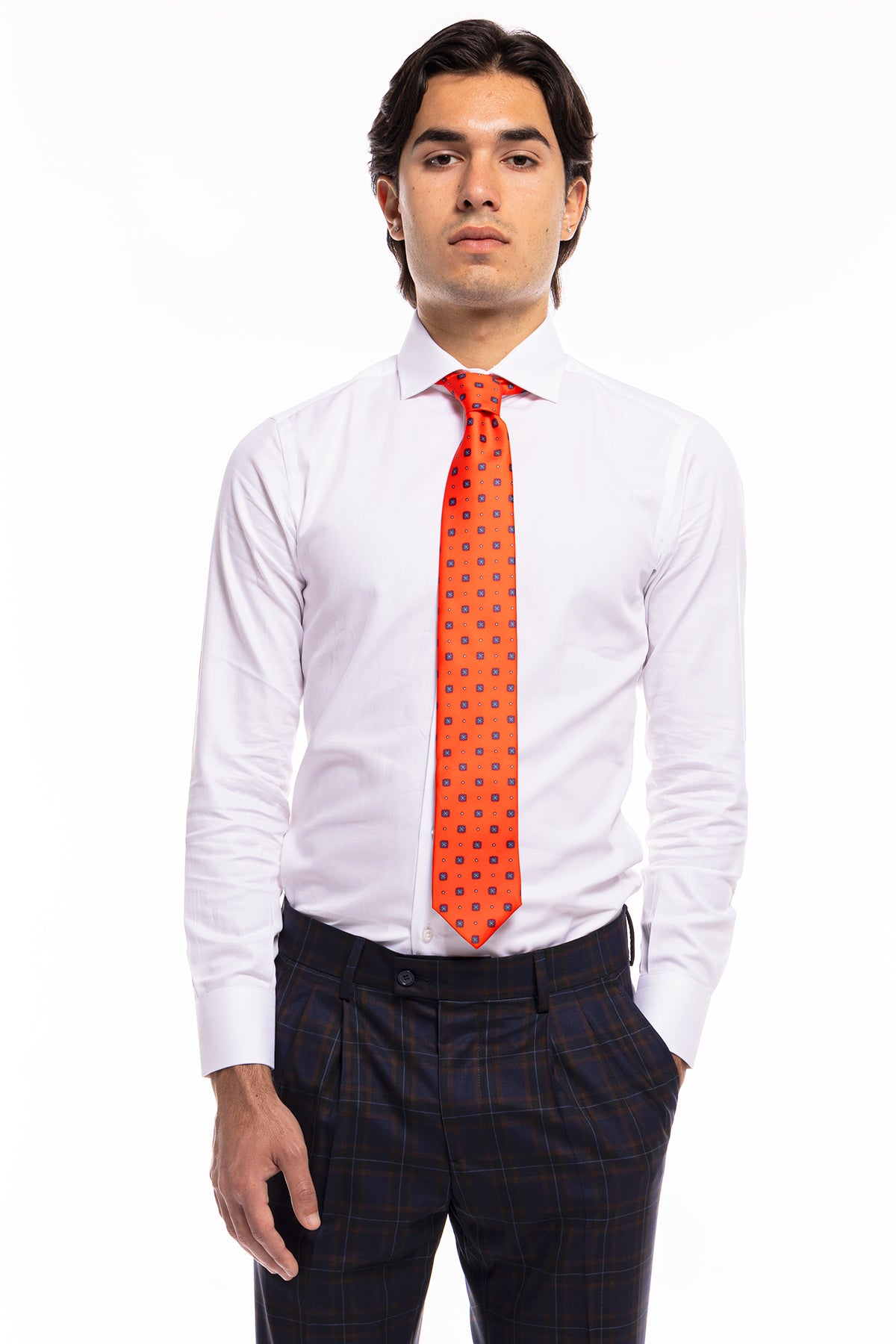 Cravatta uomo arancio Fantasia fiori blu bianchi 8cm in seta 100%