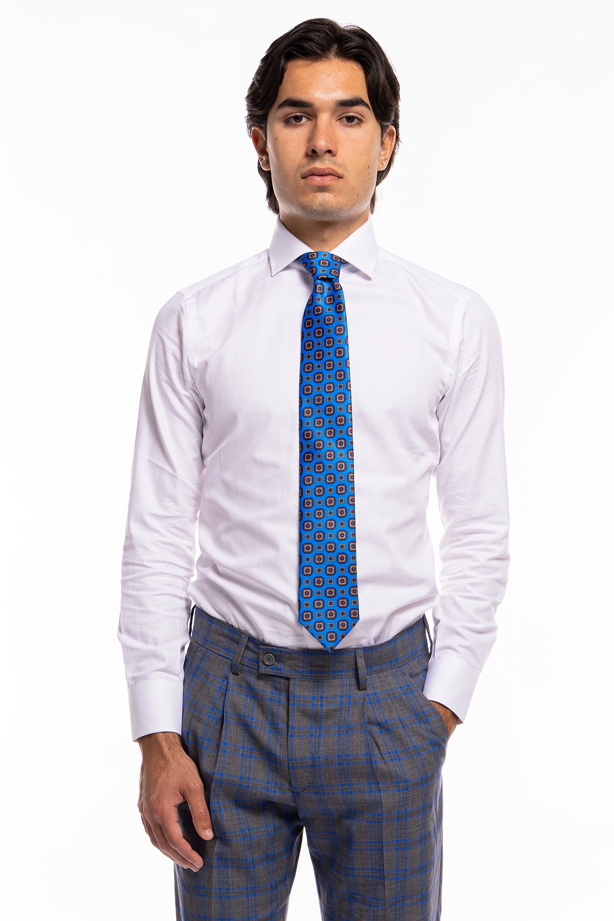 Cravatta uomo azzurra Fantasia multicolor grande 8cm in seta 100%