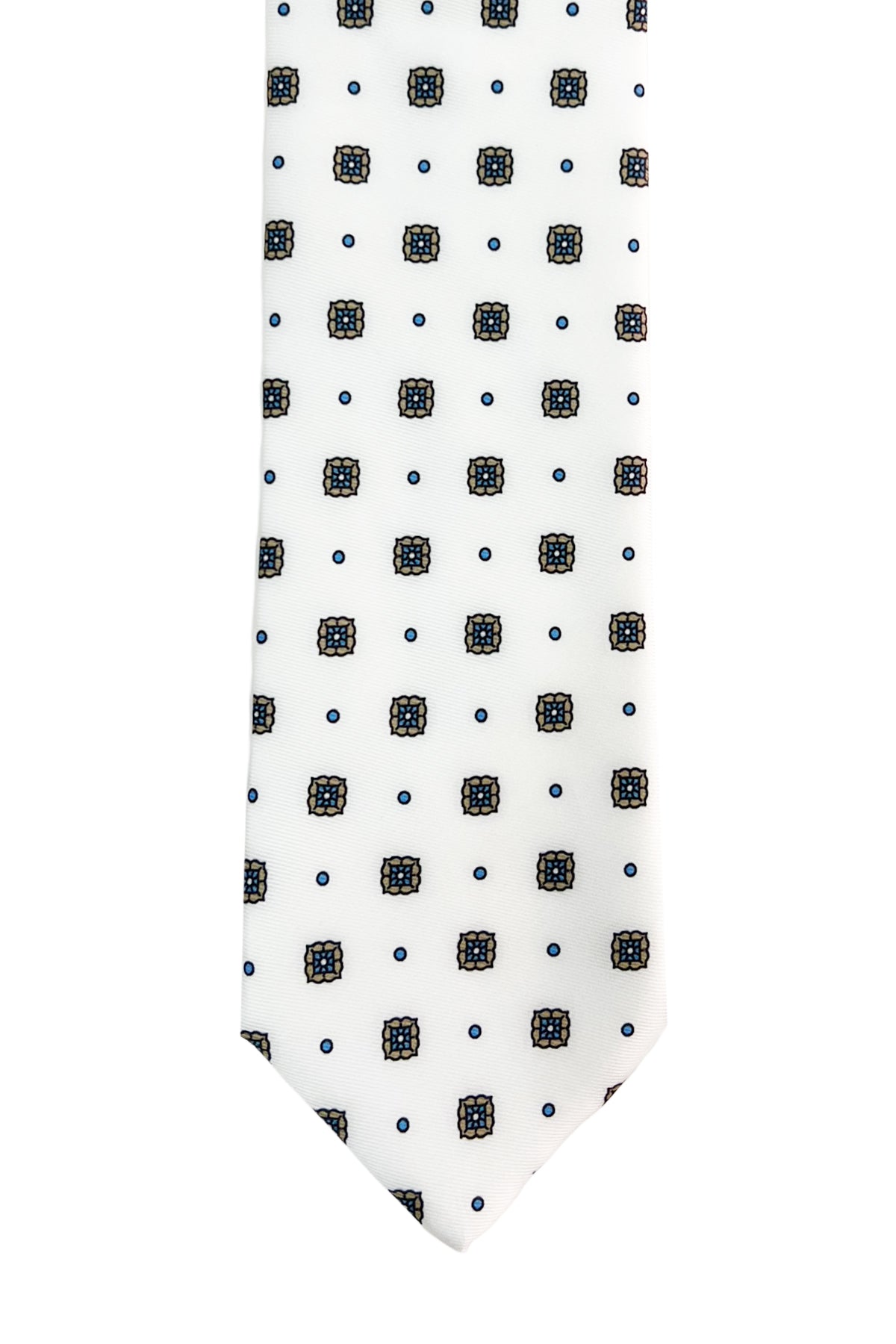 Cravatta uomo bianca Fantasia blu e beige 8cm in seta 100%