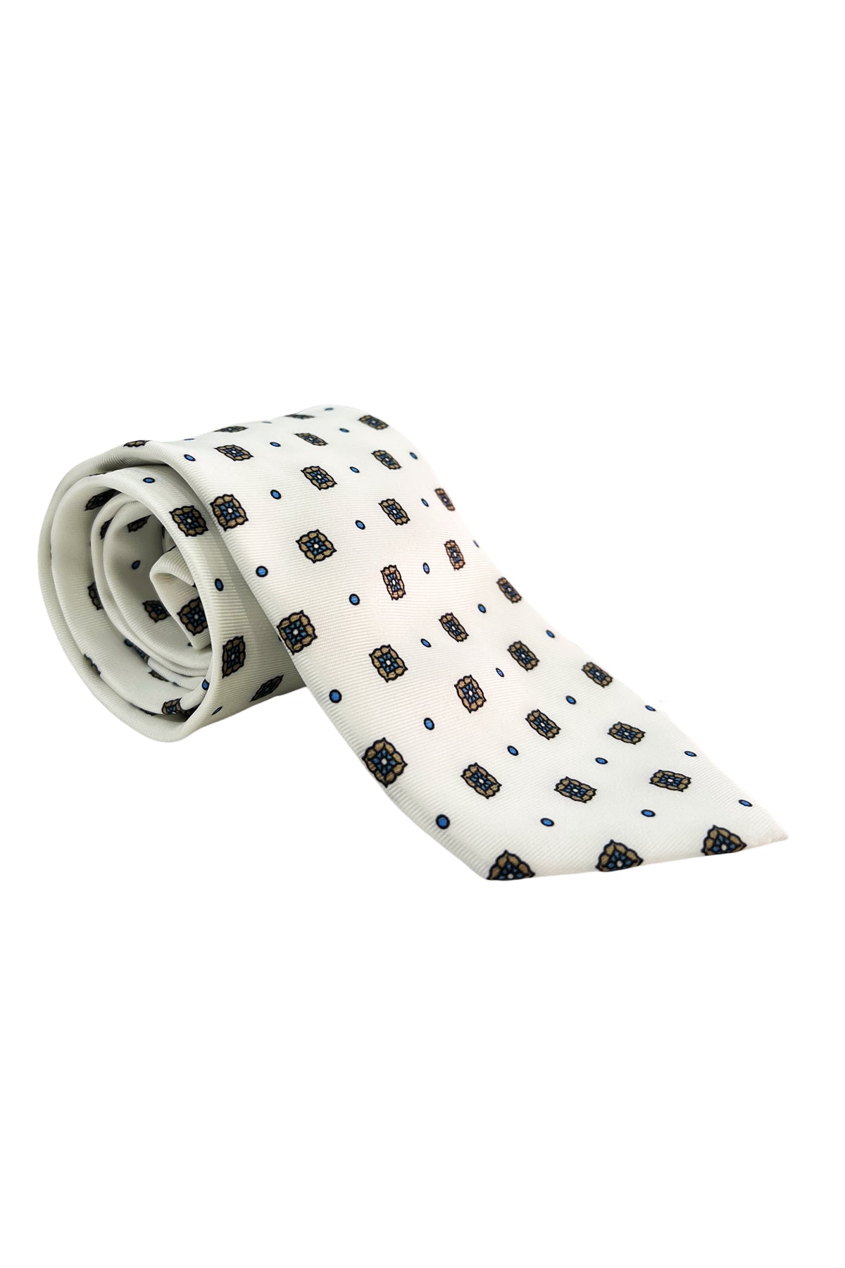 Cravatta uomo bianca Fantasia blu e beige 8cm in seta 100%