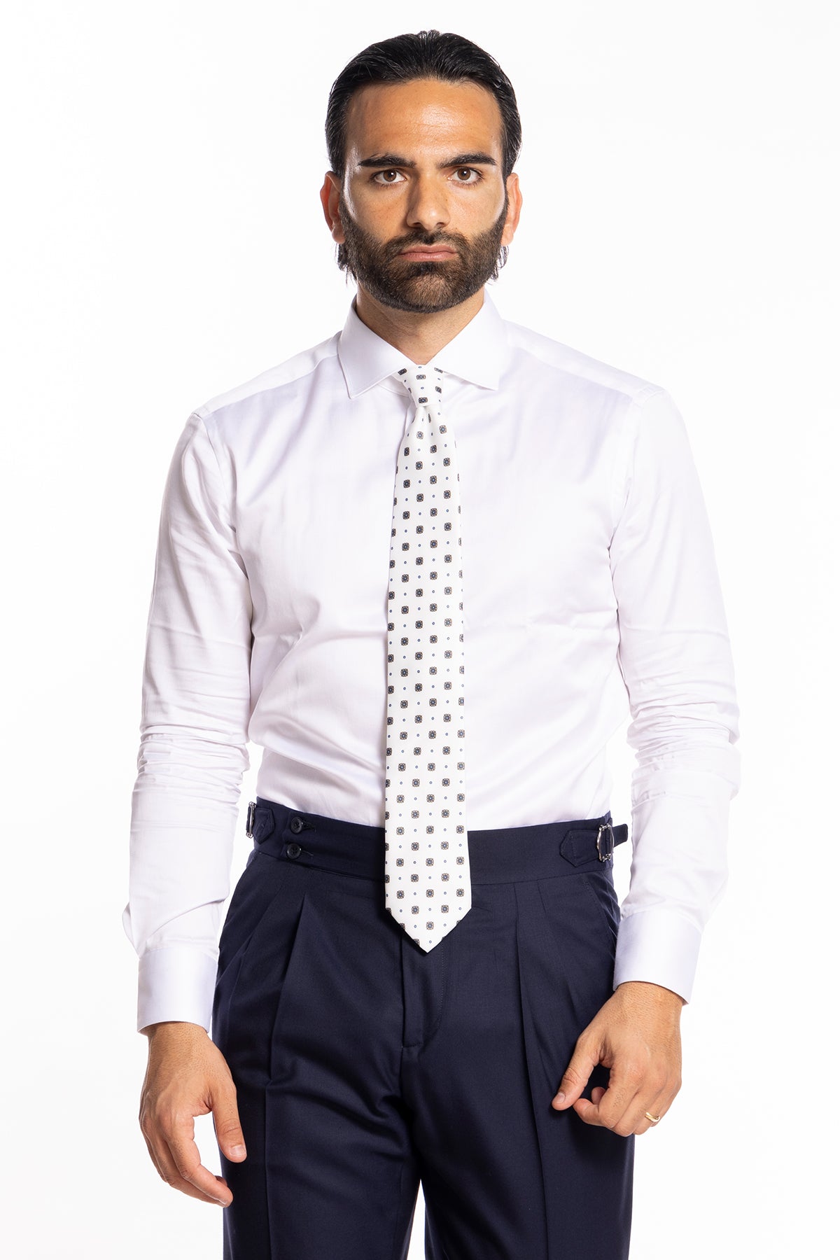 Cravatta uomo bianca Fantasia blu e beige 8cm in seta 100%