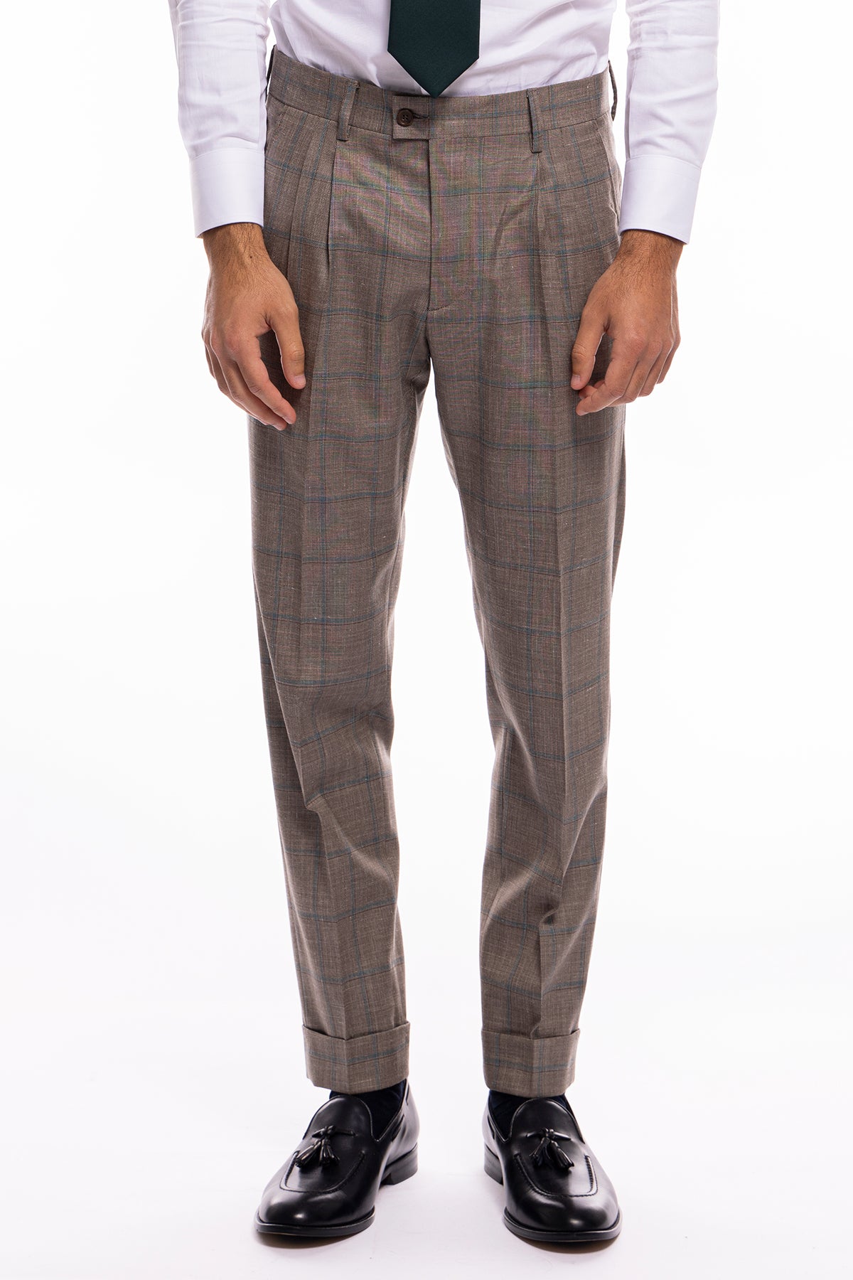 Pantalone uomo vita alta fango fantasia quadri celesti fresco lana seta e lino Bristol Tessuti Napoli