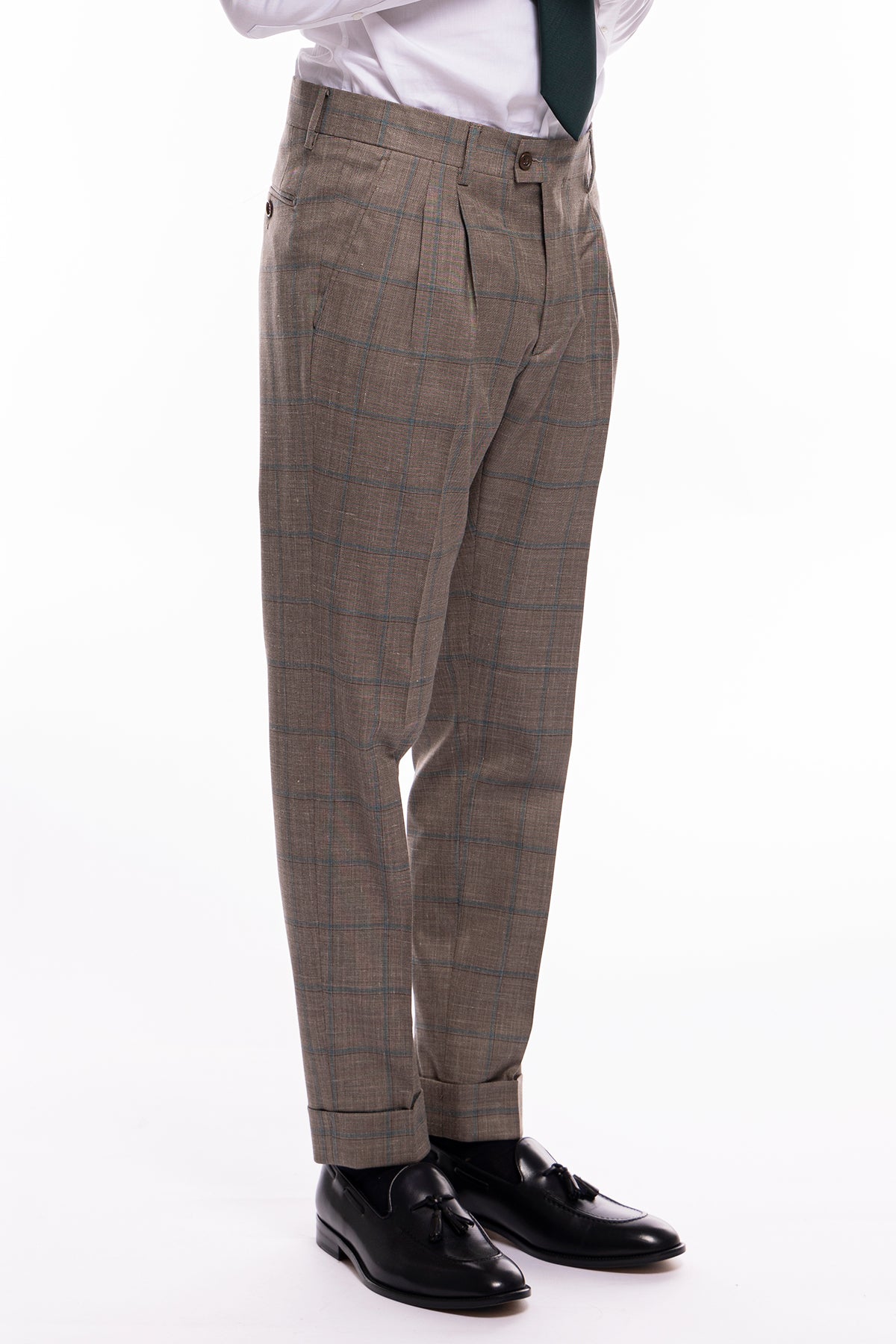 Pantalone uomo vita alta fango fantasia quadri celesti fresco lana seta e lino Bristol Tessuti Napoli