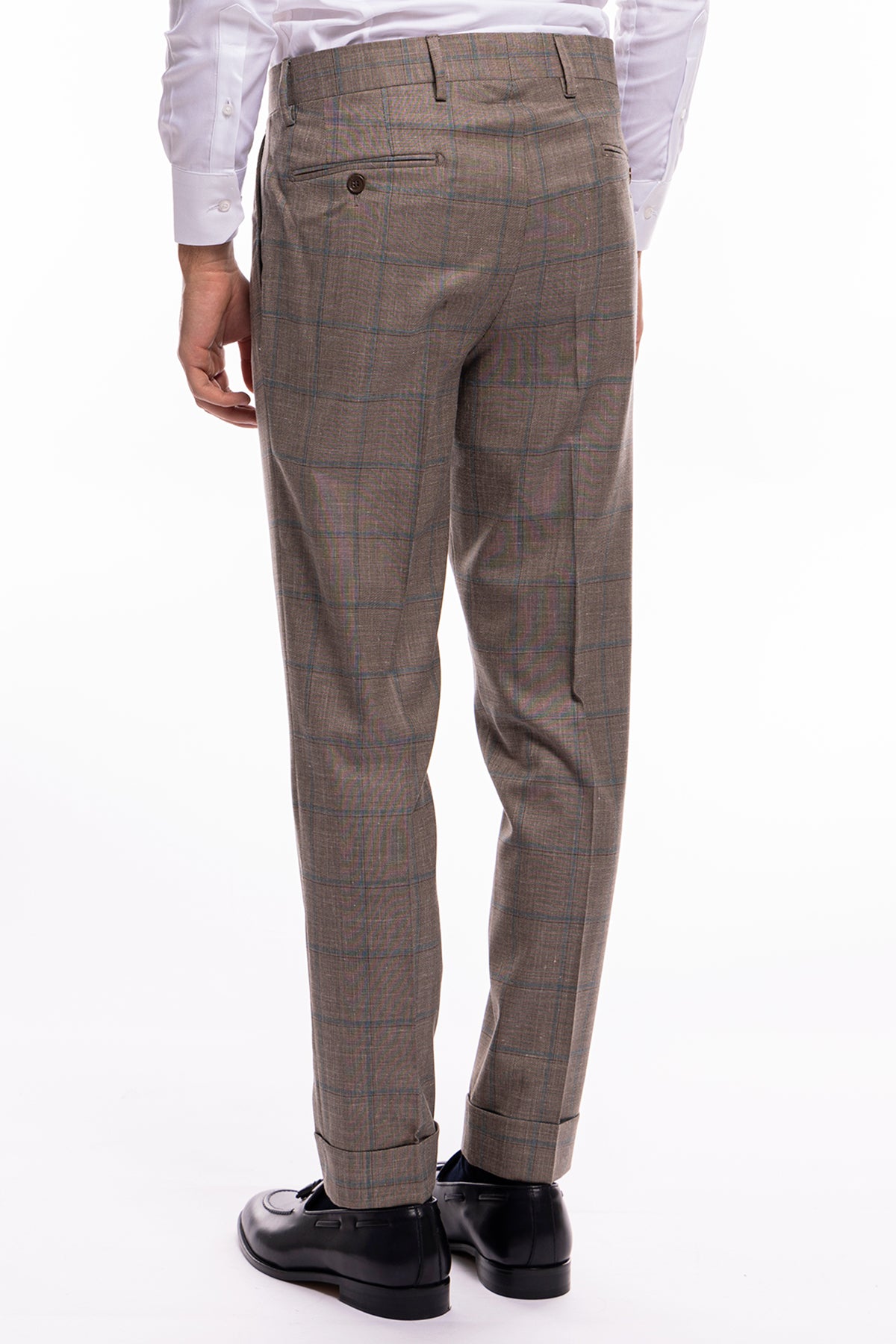 Pantalone uomo vita alta fango fantasia quadri celesti fresco lana seta e lino Bristol Tessuti Napoli