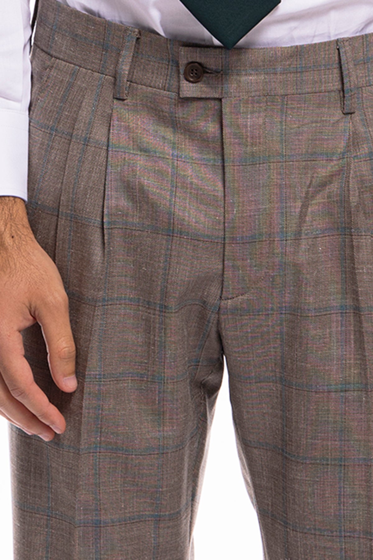 Pantalone uomo vita alta fango fantasia quadri celesti fresco lana seta e lino Bristol Tessuti Napoli