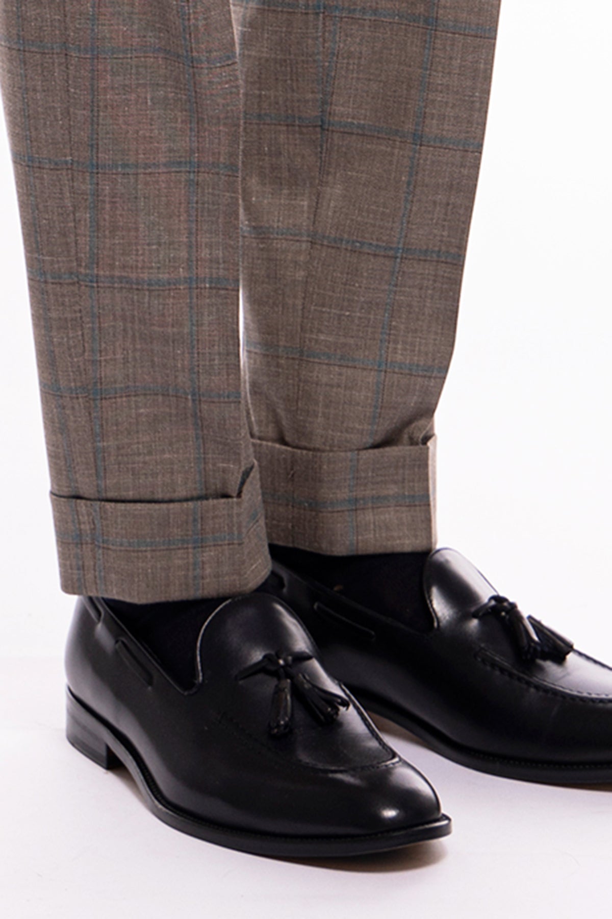 Pantalone uomo vita alta fango fantasia quadri celesti fresco lana seta e lino Bristol Tessuti Napoli