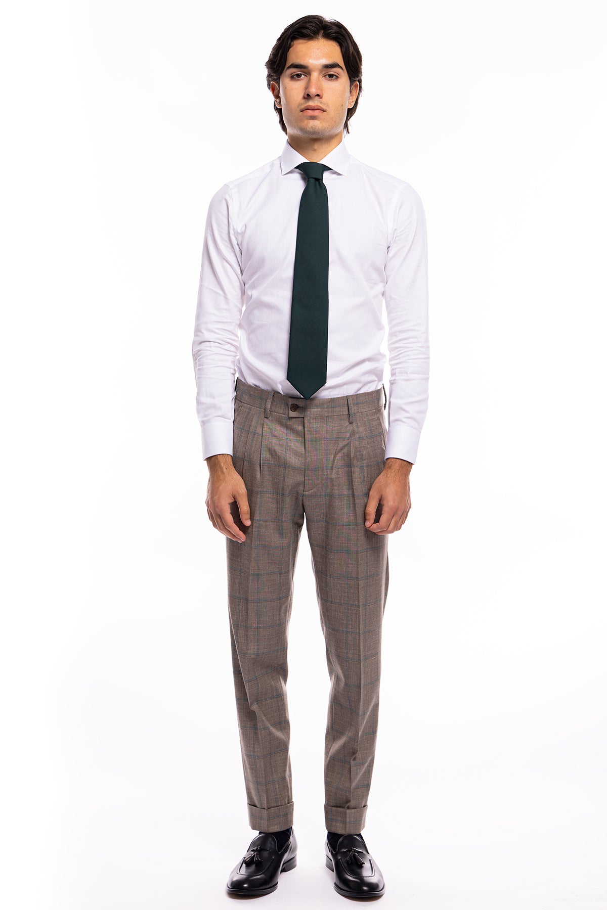 Pantalone uomo vita alta fango fantasia quadri celesti fresco lana seta e lino Bristol Tessuti Napoli