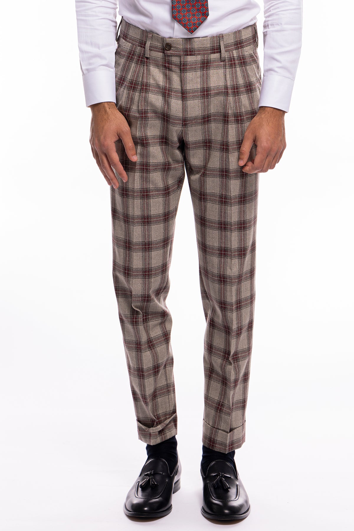 Abito uomo monopetto beige a quadri bordeaux lana e seta Vitale Barberis Canonico Rever largo a lancia
