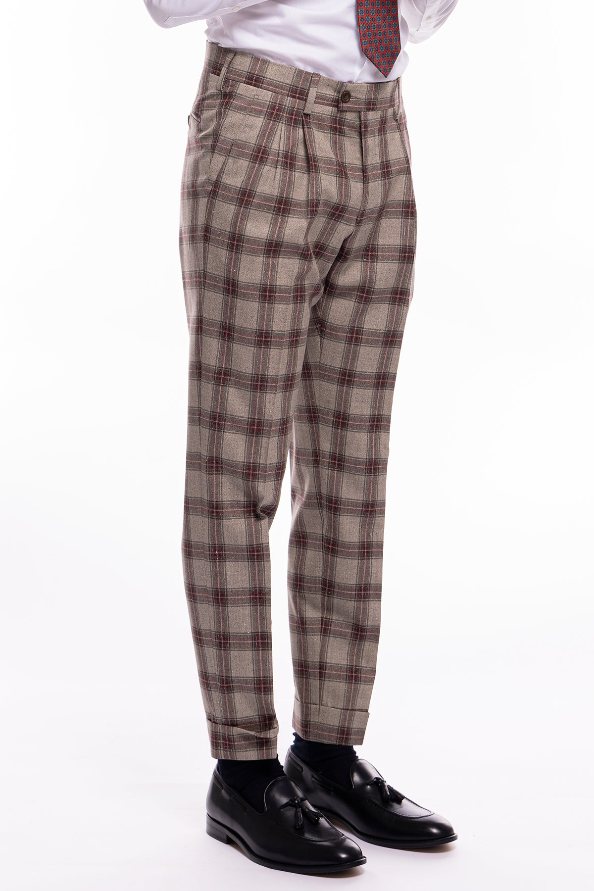 Abito uomo monopetto beige a quadri bordeaux lana e seta Vitale Barberis Canonico Rever largo a lancia