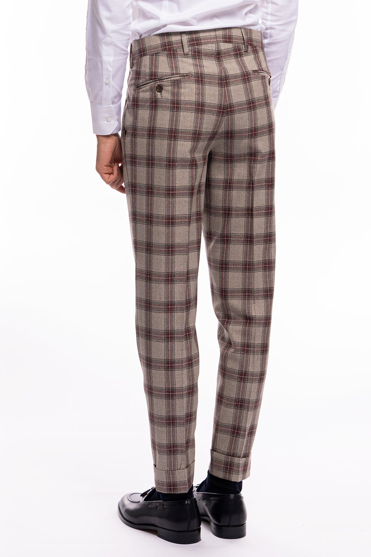 Pantalone uomo vita alta beige a quadri bordeaux lana e seta Vitale Barberis Canonico