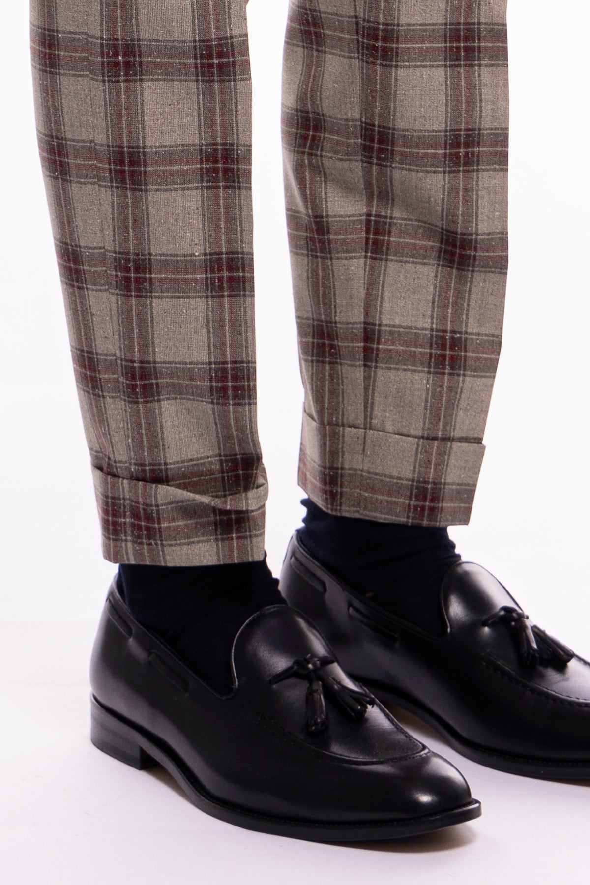 Pantalone uomo vita alta beige a quadri bordeaux lana e seta Vitale Barberis Canonico