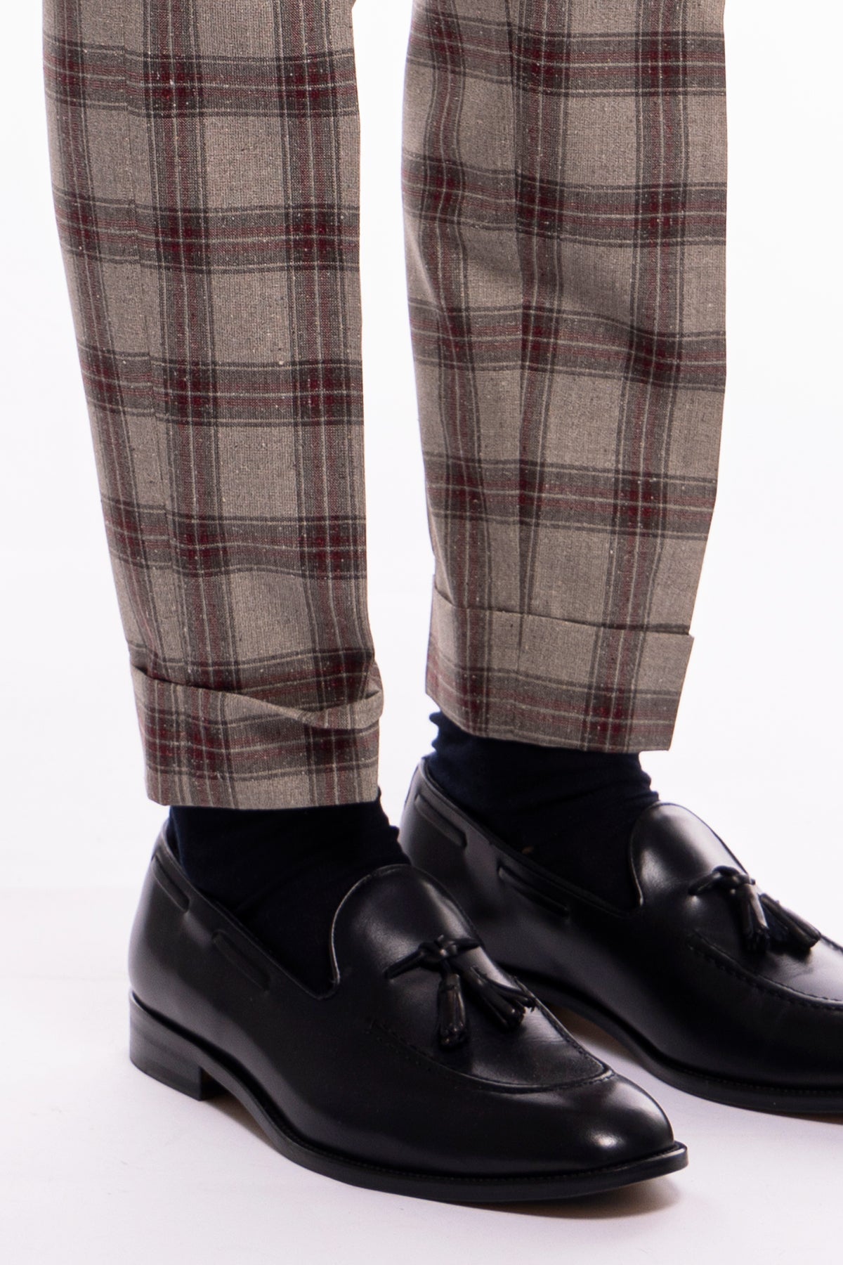 Pantalone uomo vita alta beige a quadri bordeaux lana e seta Vitale Barberis Canonico