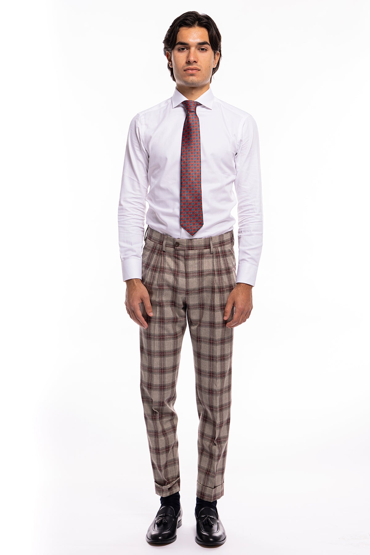 Abito uomo monopetto beige a quadri bordeaux lana e seta Vitale Barberis Canonico Rever largo a lancia
