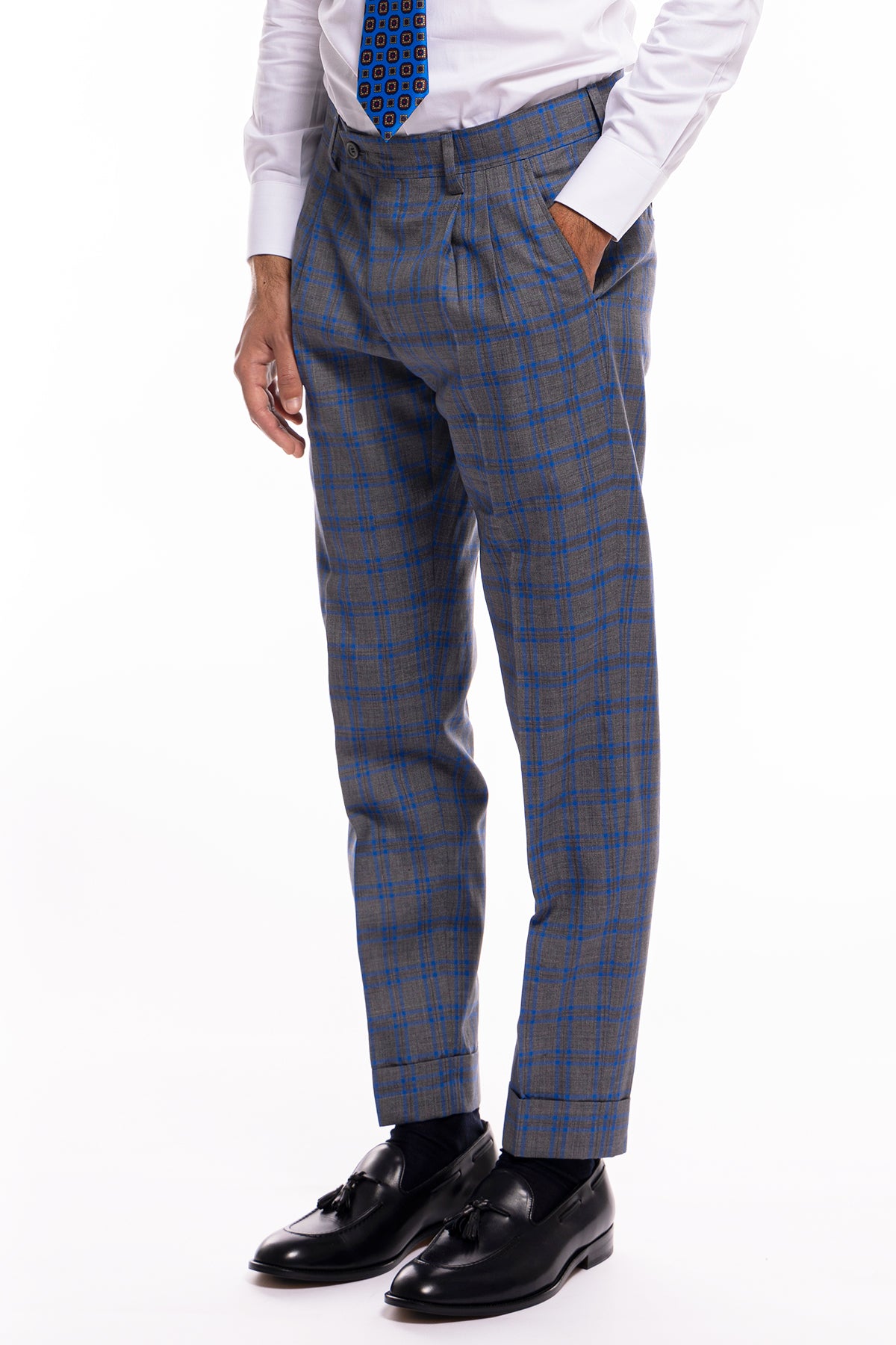 Abito uomo monopetto grigia fantasia quadri blu fresco lana Bristol Tessuti Rever largo a lancia